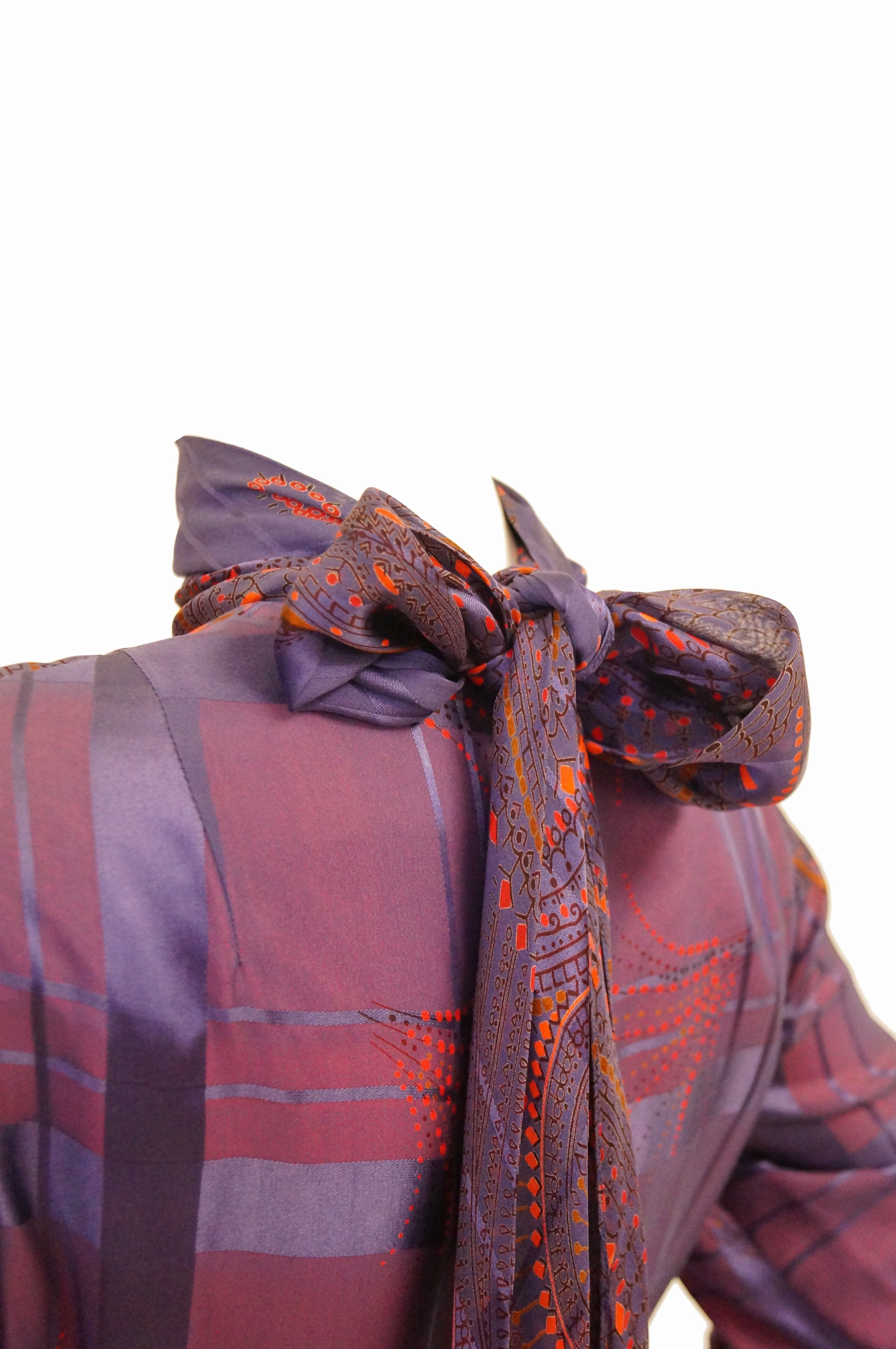 1970s Bill Blass Purple and Red Silk Evening Dress W/ Neck Tie/ Bow Detail