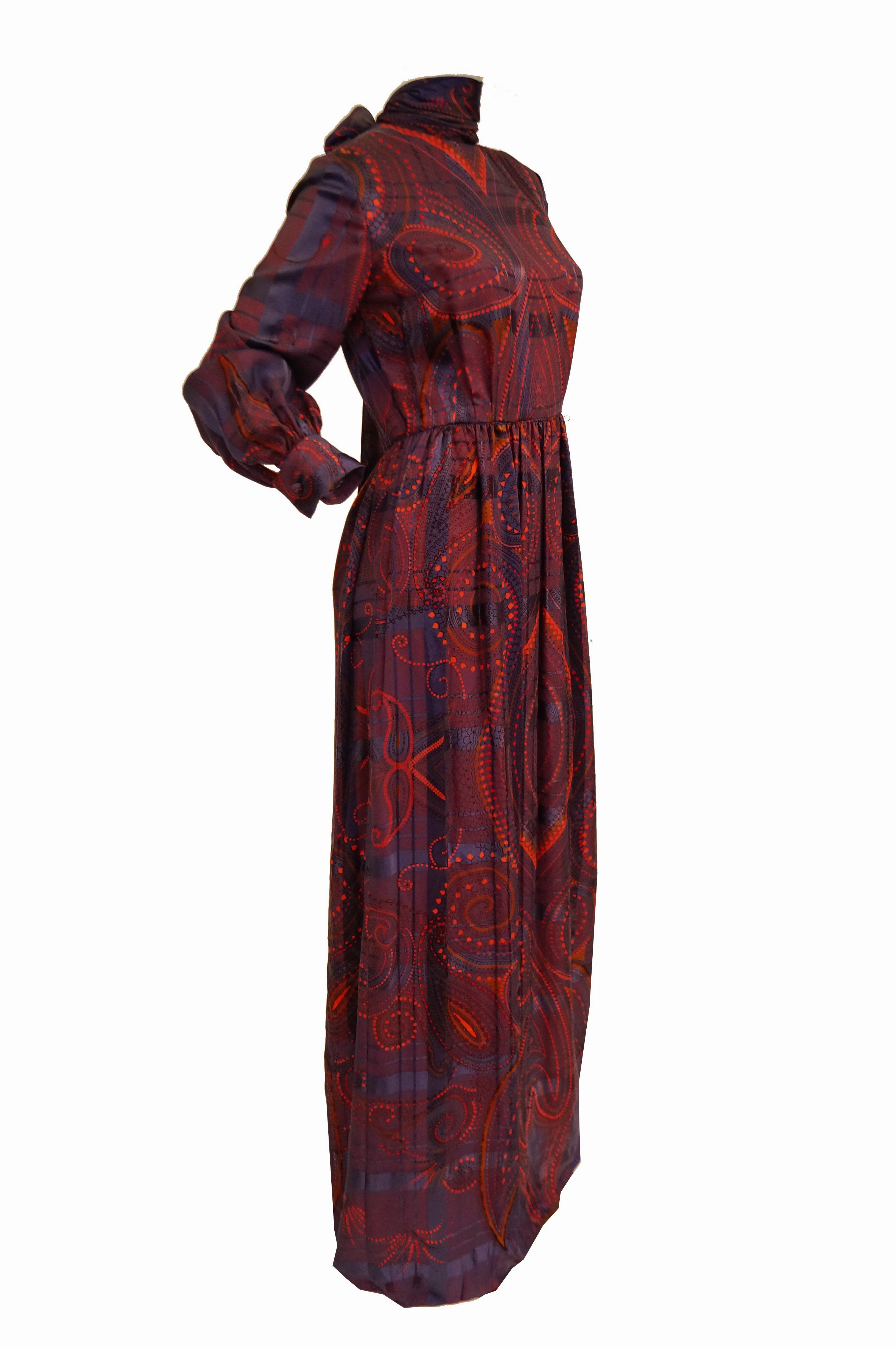 1970s Bill Blass Purple and Red Silk Evening Dress W/ Neck Tie/ Bow Detail