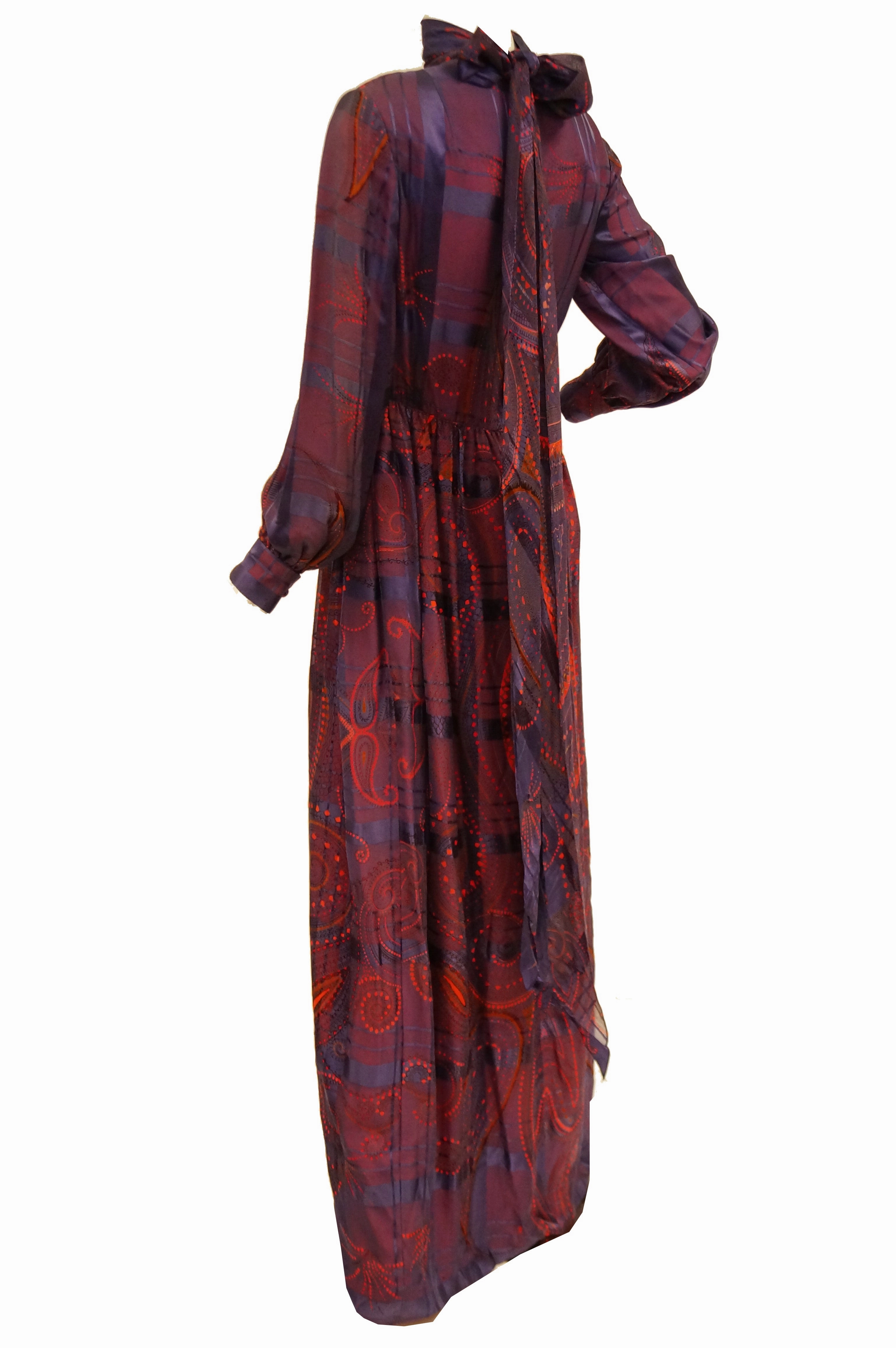 1970s Bill Blass Purple and Red Silk Evening Dress W/ Neck Tie/ Bow Detail