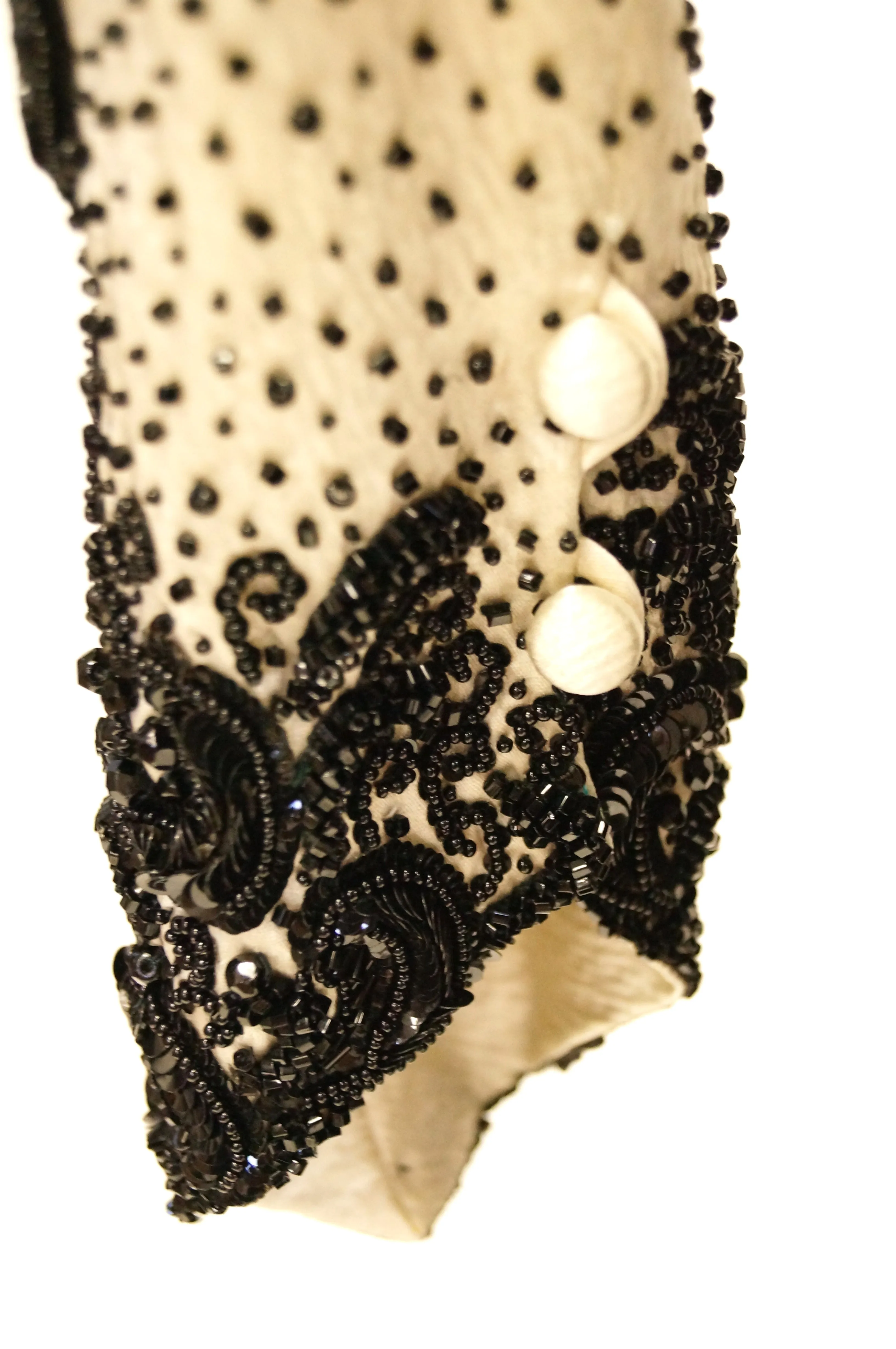 Robe de soirée perles noir et blanc Bill Blass Couture des années 1980