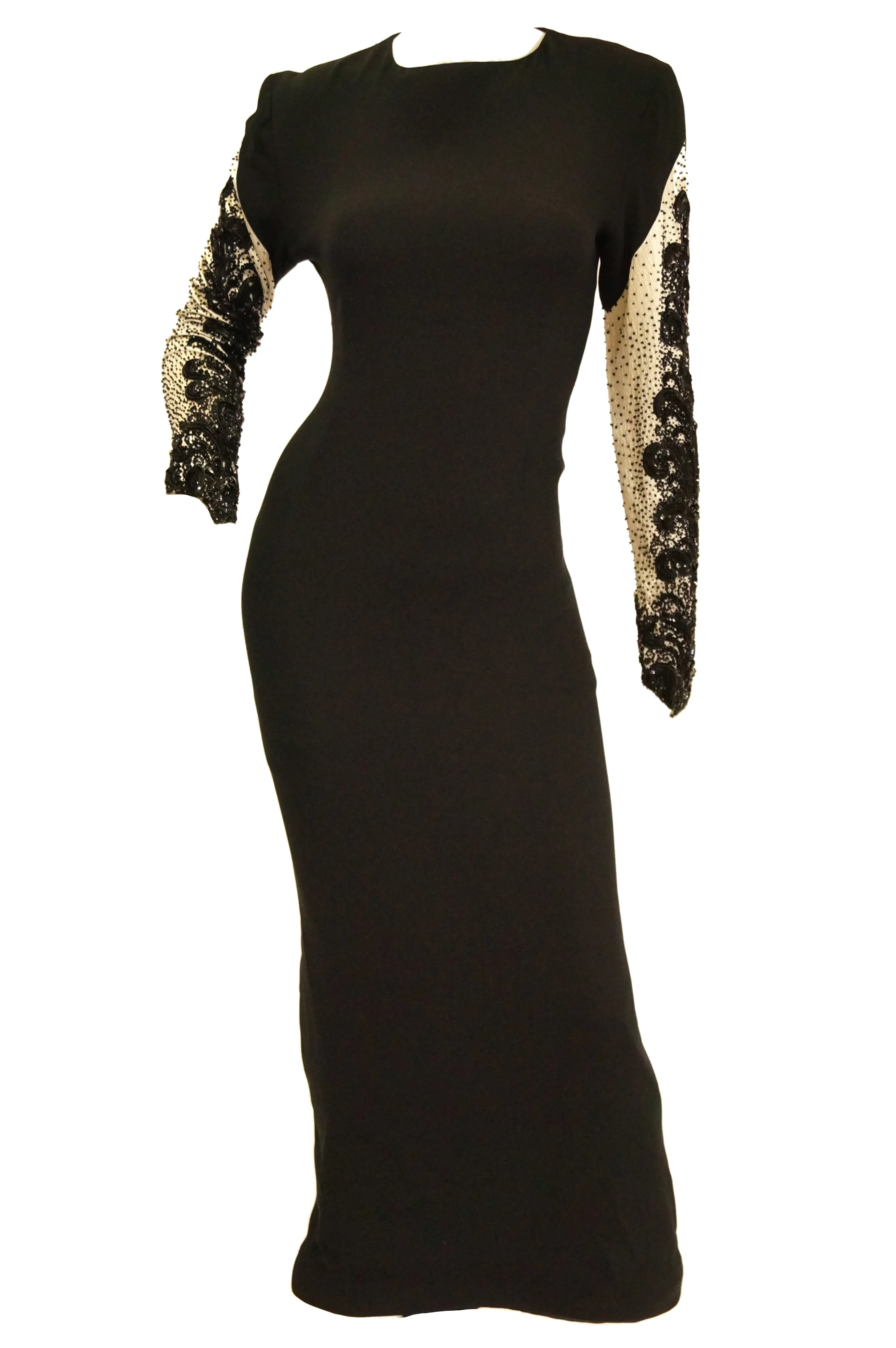 Robe de soirée perles noir et blanc Bill Blass Couture des années 1980