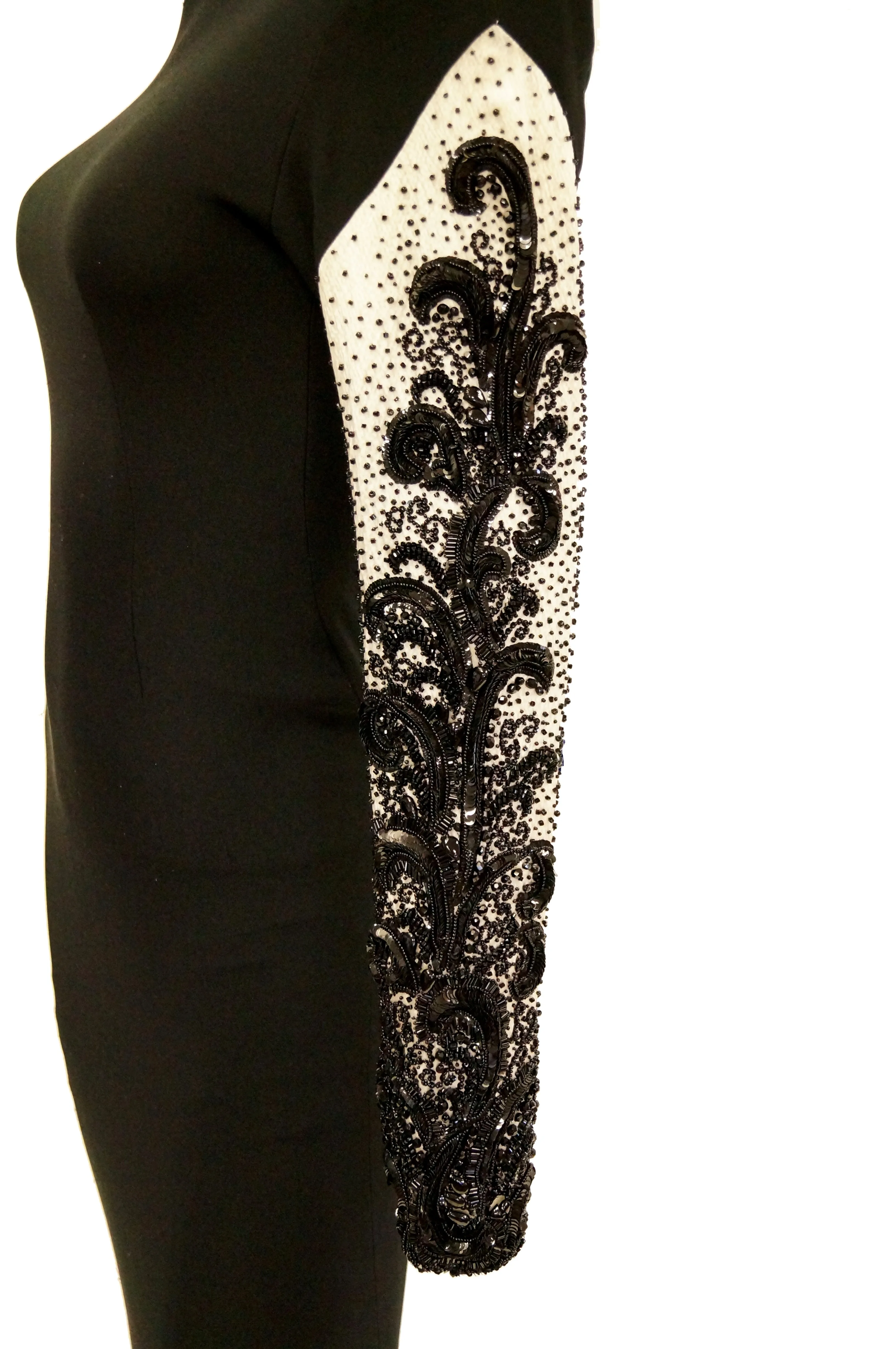 Robe de soirée perles noir et blanc Bill Blass Couture des années 1980