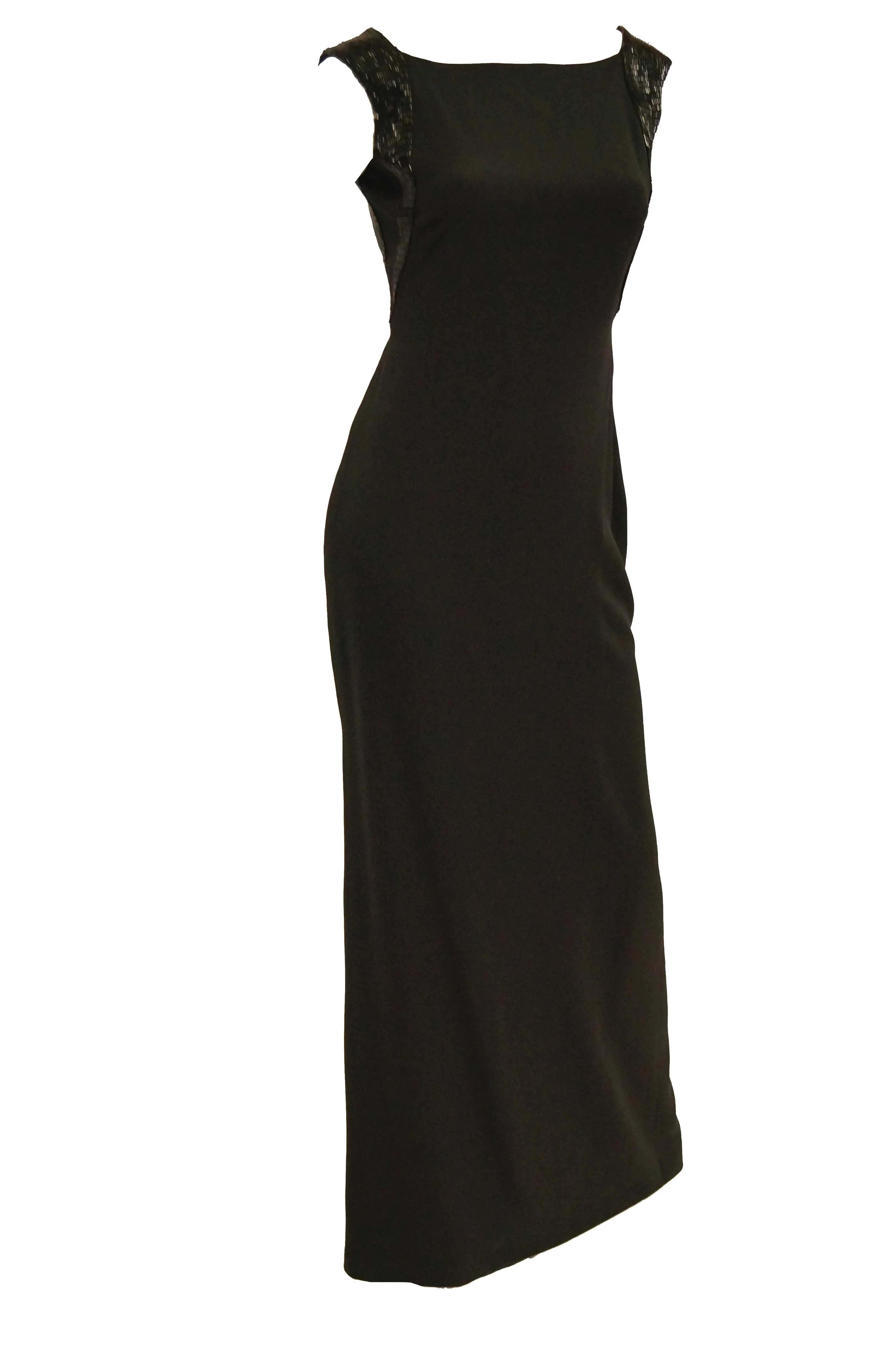 Robe plongeante dos nu en soie noire et paillettes Richard Tyler Couture des années 1990