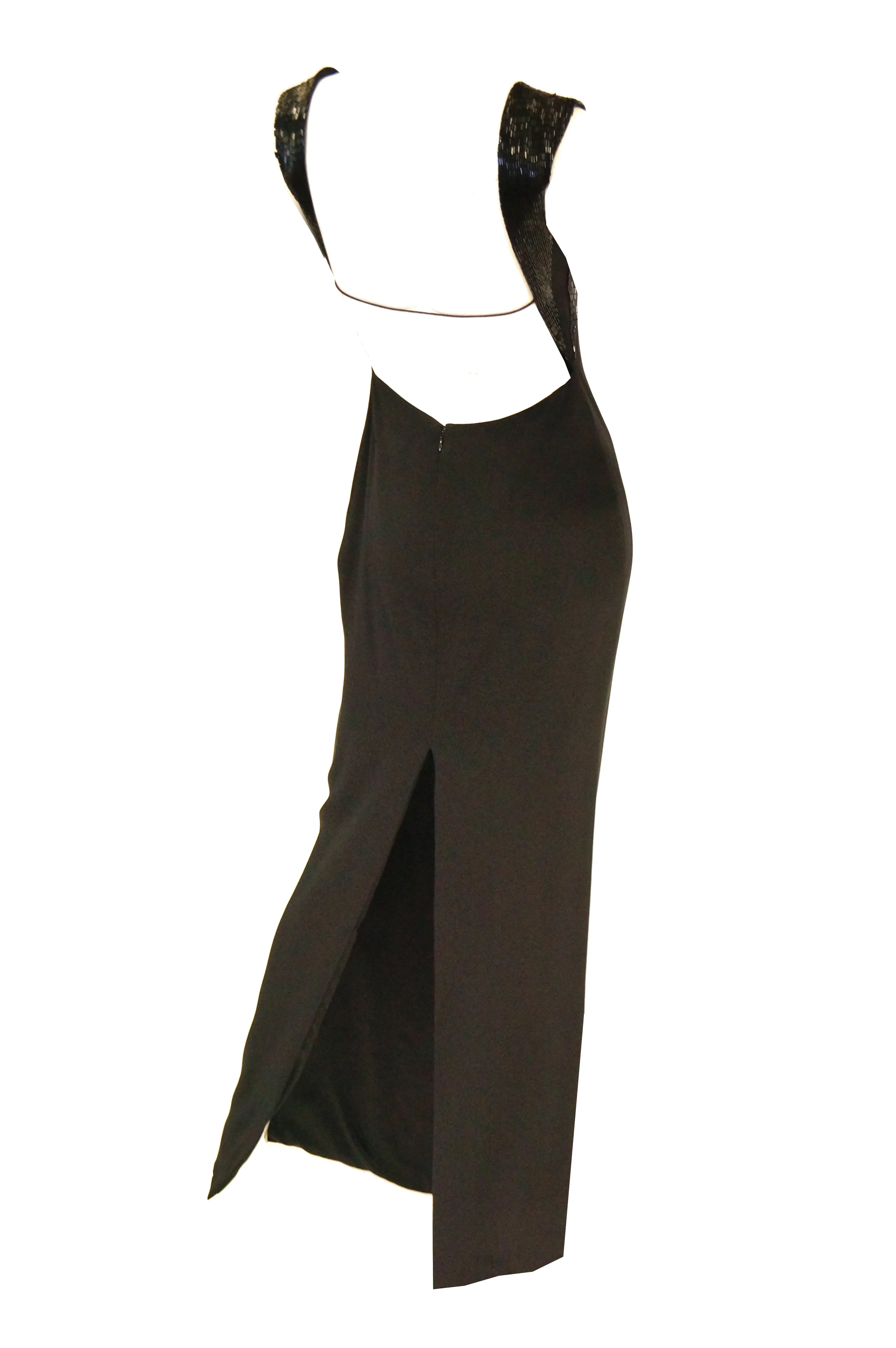 Robe plongeante dos nu en soie noire et paillettes Richard Tyler Couture des années 1990