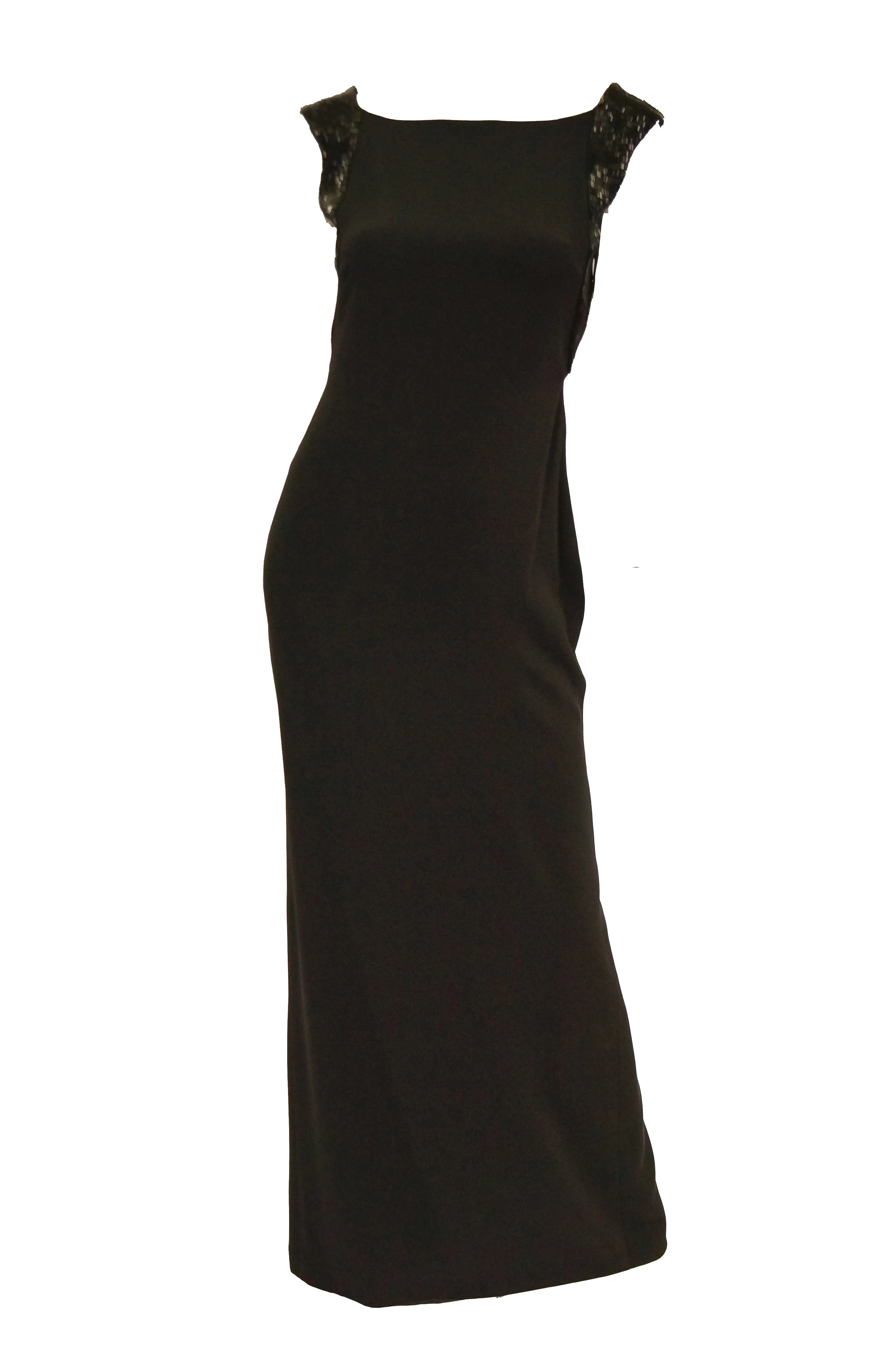 Robe plongeante dos nu en soie noire et paillettes Richard Tyler Couture des années 1990