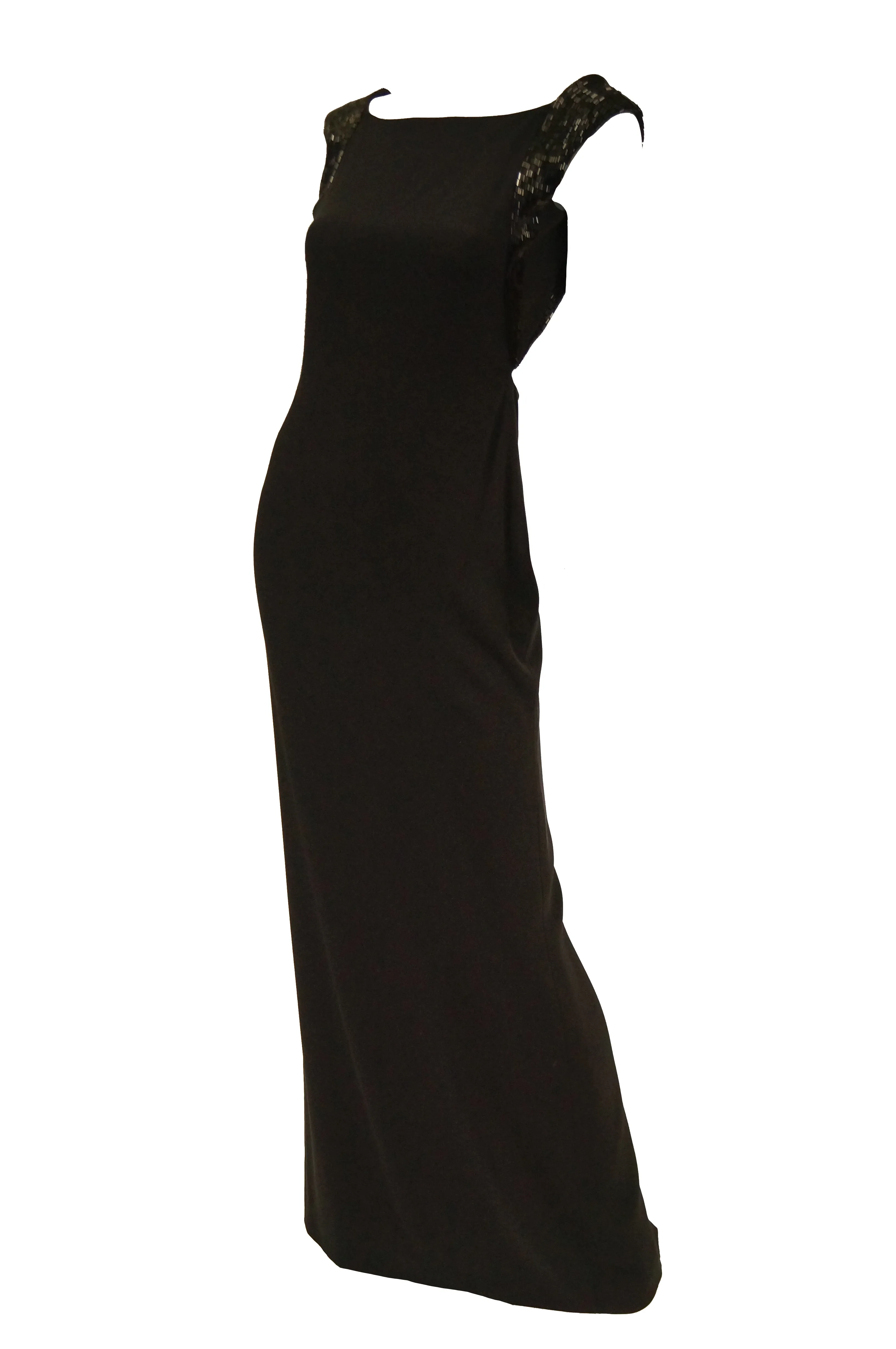 Robe plongeante dos nu en soie noire et paillettes Richard Tyler Couture des années 1990