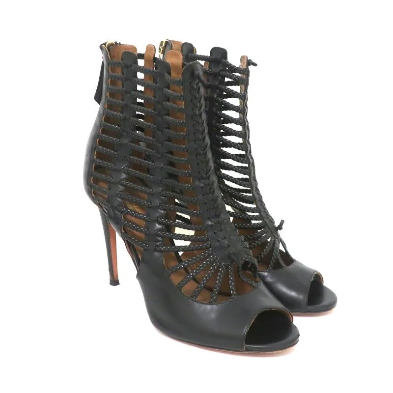 Bottes Aquazzura Cage Venus en Cuir Tressé Noir Taille 39 à Bout Ouvert