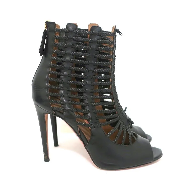 Bottes Aquazzura Cage Venus en Cuir Tressé Noir Taille 39 à Bout Ouvert