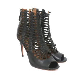 Aquazzura Cage Boots Venus Black Braided Leather Size 39 Open Toe Ankle Boots