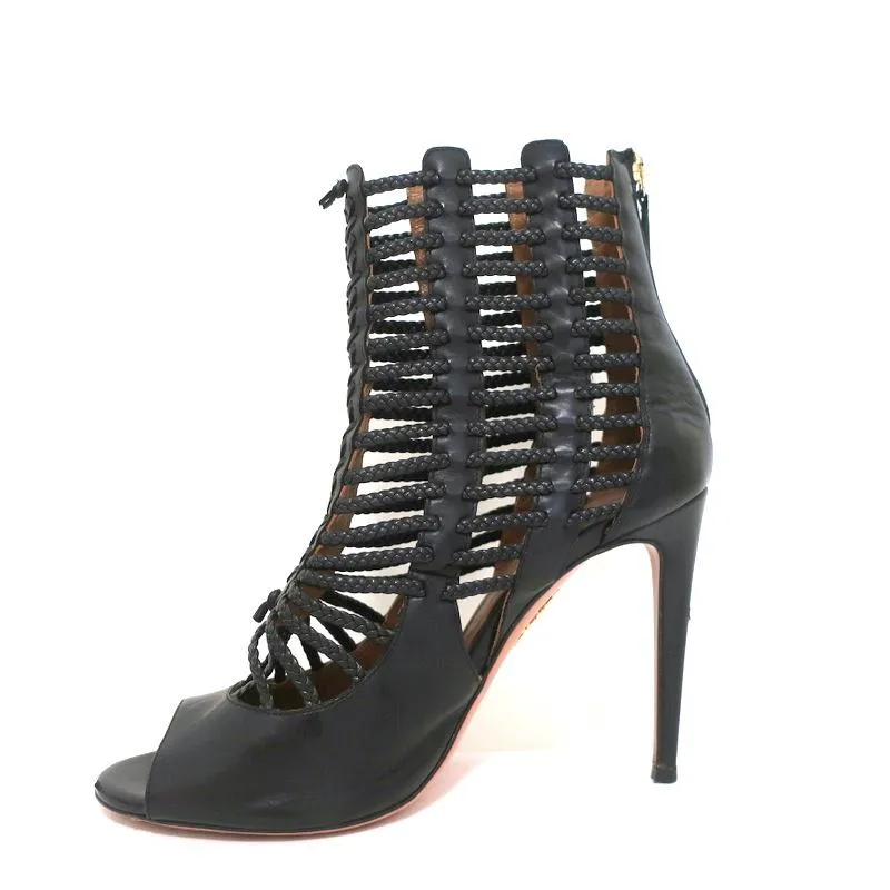 Bottes Aquazzura Cage Venus en Cuir Tressé Noir Taille 39 à Bout Ouvert