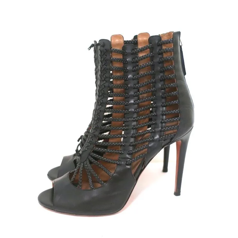 Bottes Aquazzura Cage Venus en Cuir Tressé Noir Taille 39 à Bout Ouvert