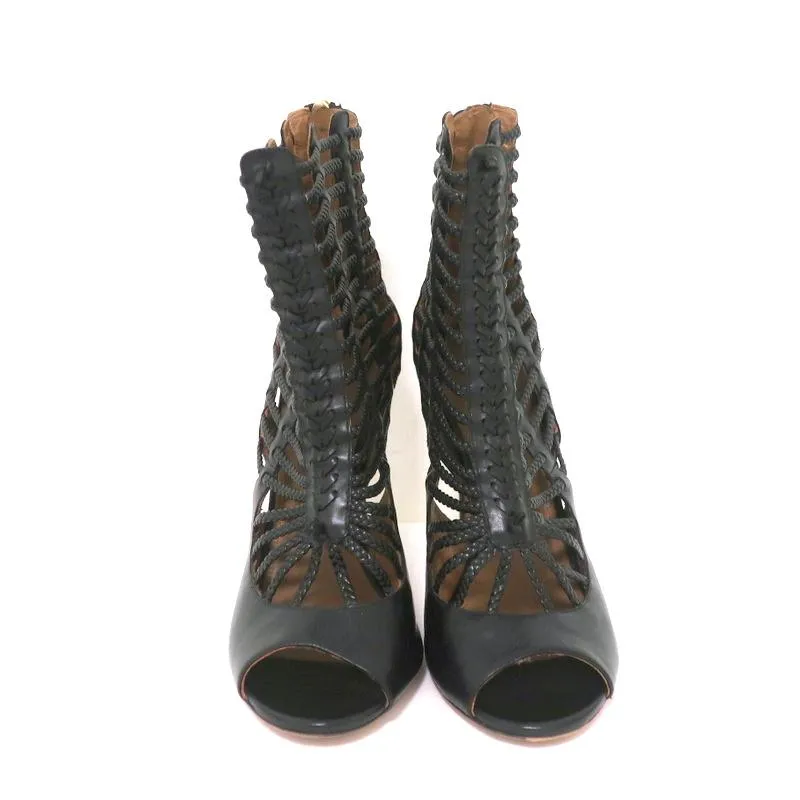 Bottes Aquazzura Cage Venus en Cuir Tressé Noir Taille 39 à Bout Ouvert