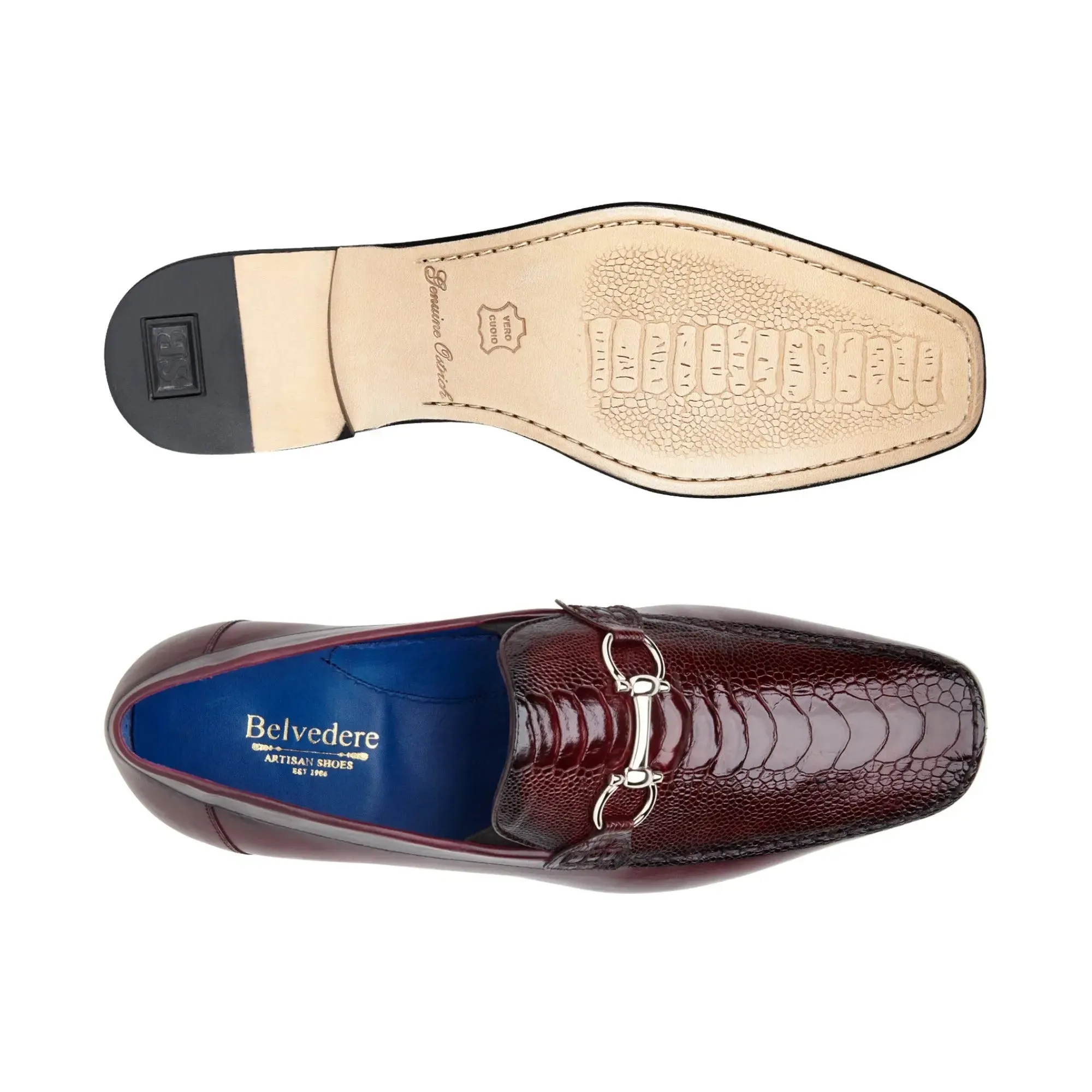 Chaussures Belvedere en Peau Exotique Belvedere Bruno en Véritable Patte d'Autruche Bordeaux Foncé et Mocassins en Veau Italien