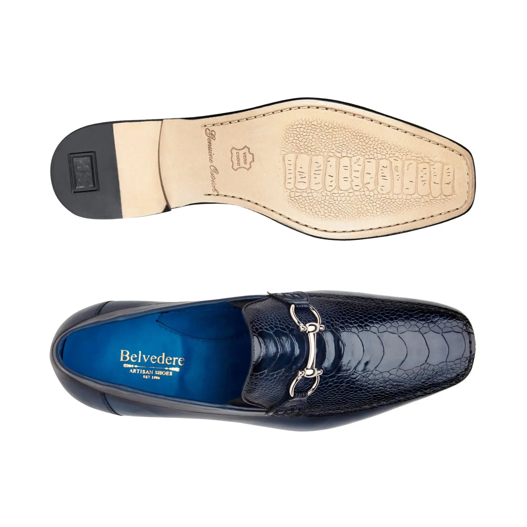 Chaussures Belvedere en Peau Exotique Belvedere Bruno en Véritable Patte d'Autruche Bleu Marine et Loafers en Veau Italien