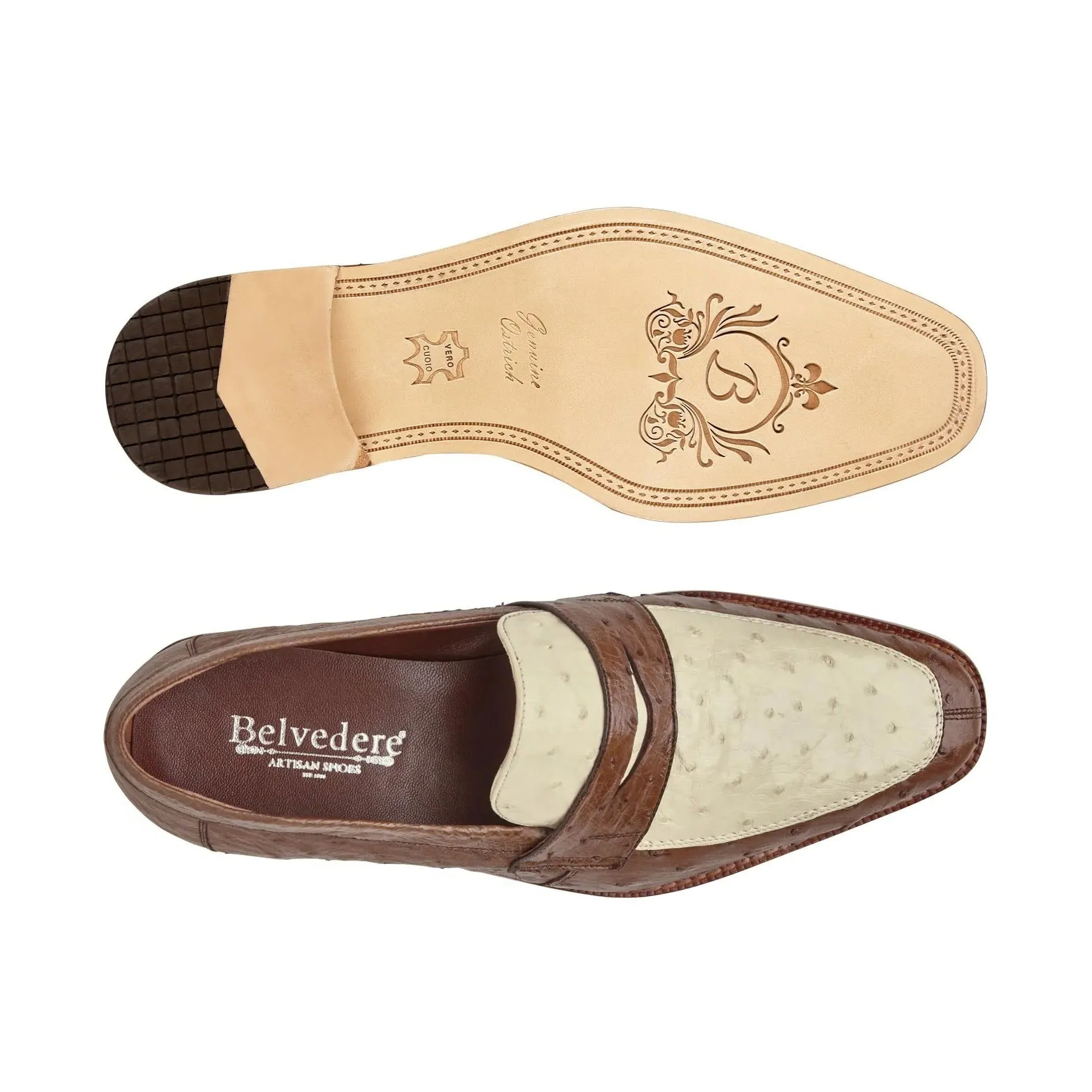 Chaussures Belvedere en peau exotique Belvedere Espada en Tabac / Bone avec plumetis d'autruche Penny Loafers