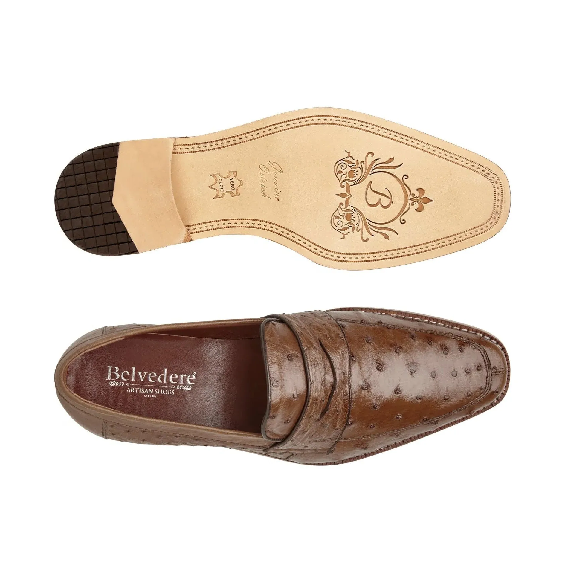 Chaussures Belvedere en peau exotique Belvedere Espada en autruche tabac avec motif plume, mocassins à penny
