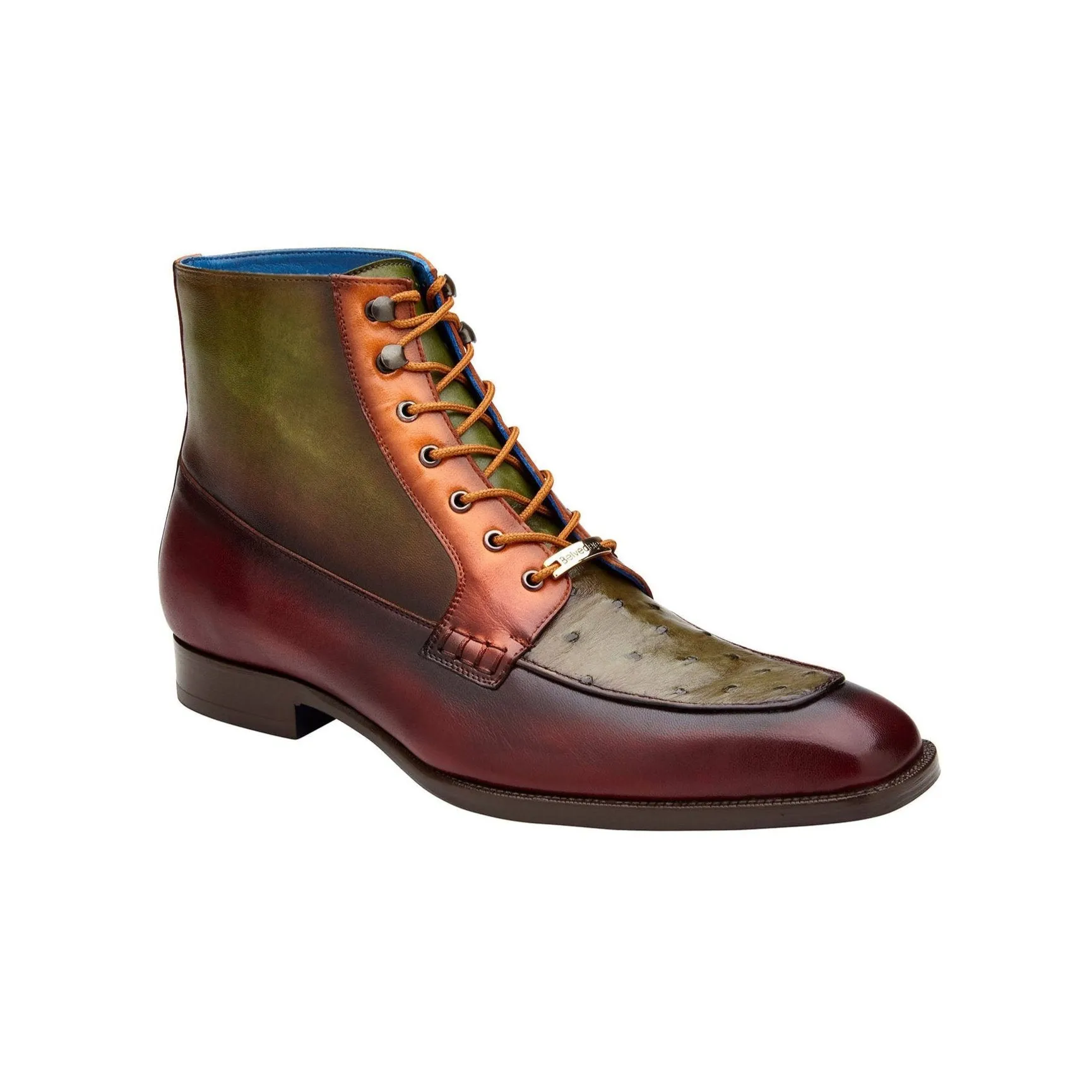 Chaussures Belvedere en Peau Exotique Botte Belvedere Greco en Autruche et Cuir Bordeaux Antique / Olive / Brandy