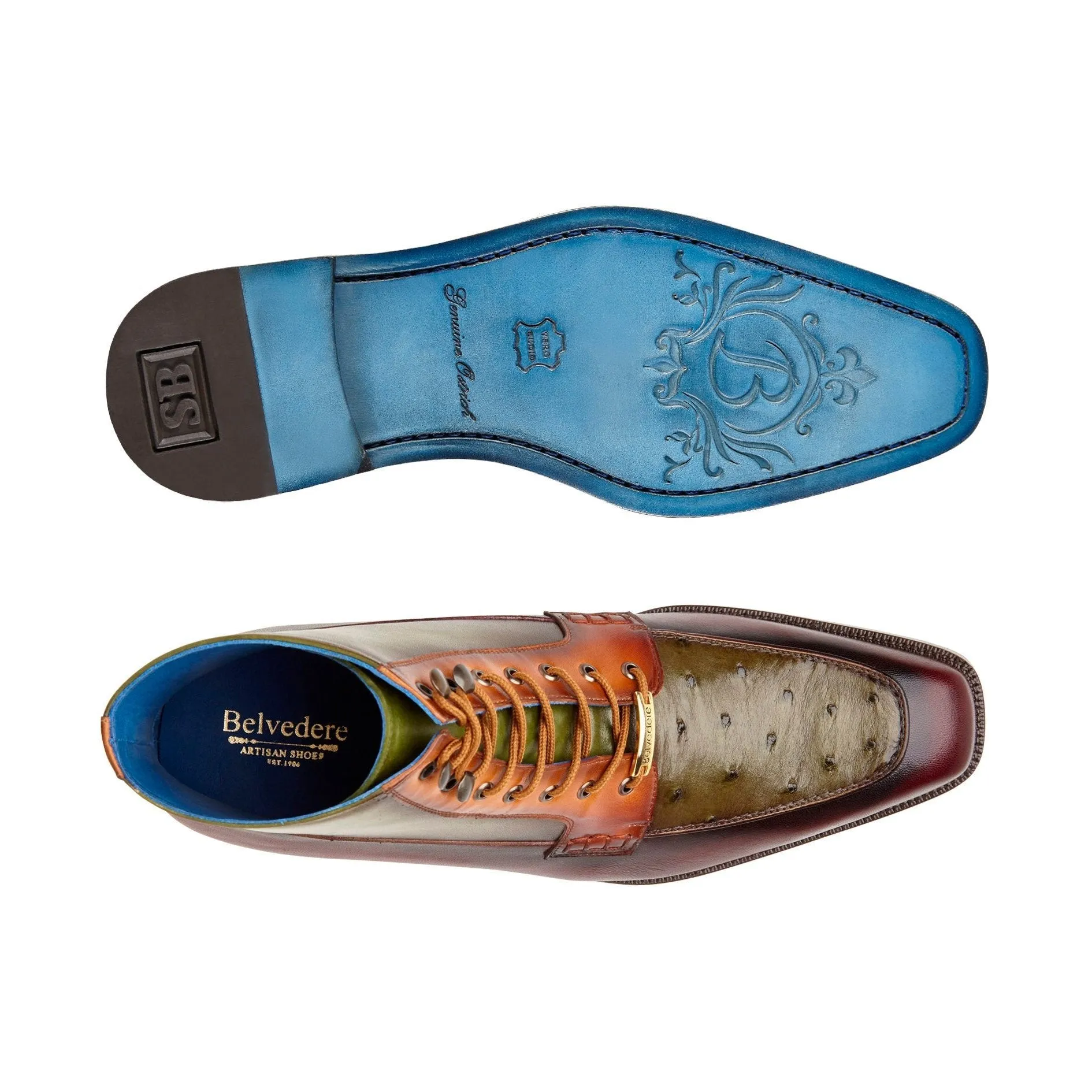 Chaussures Belvedere en Peau Exotique Botte Belvedere Greco en Autruche et Cuir Bordeaux Antique / Olive / Brandy