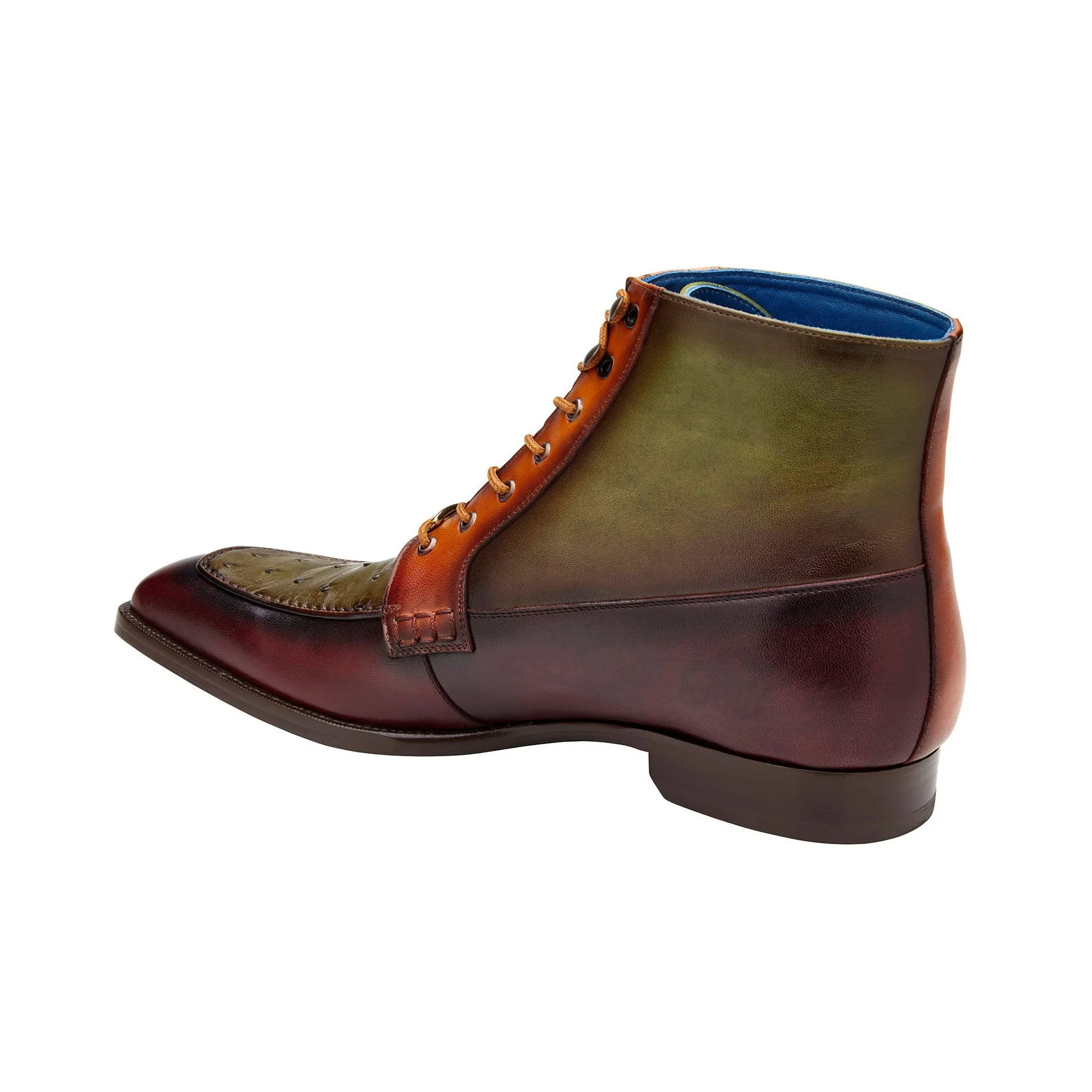 Chaussures Belvedere en Peau Exotique Botte Belvedere Greco en Autruche et Cuir Bordeaux Antique / Olive / Brandy