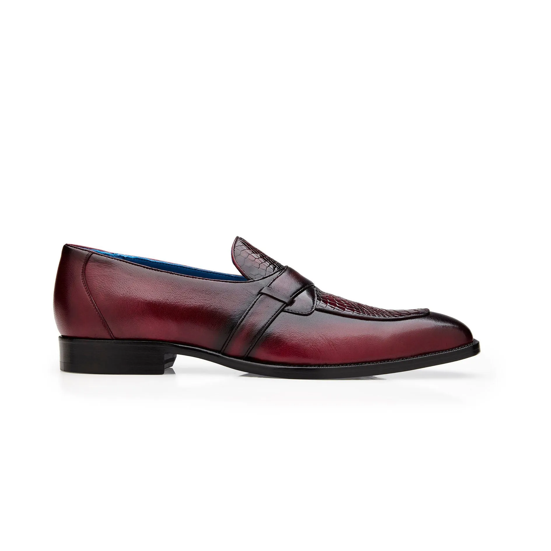 Chaussures Belvedere en peau exotique Belvedere Tornado en alligator américain bordeaux antique et mocassins en cuir de veau italien