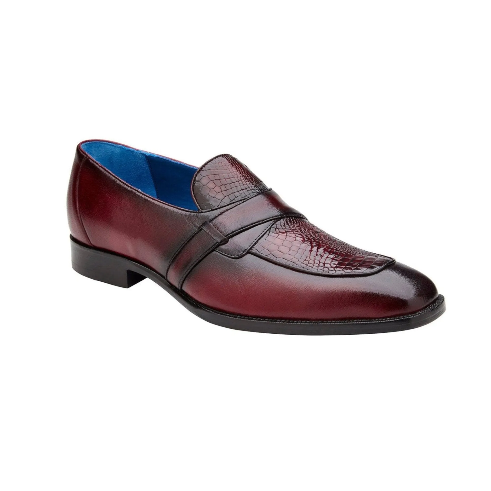 Chaussures Belvedere en peau exotique Belvedere Tornado en alligator américain bordeaux antique et mocassins en cuir de veau italien