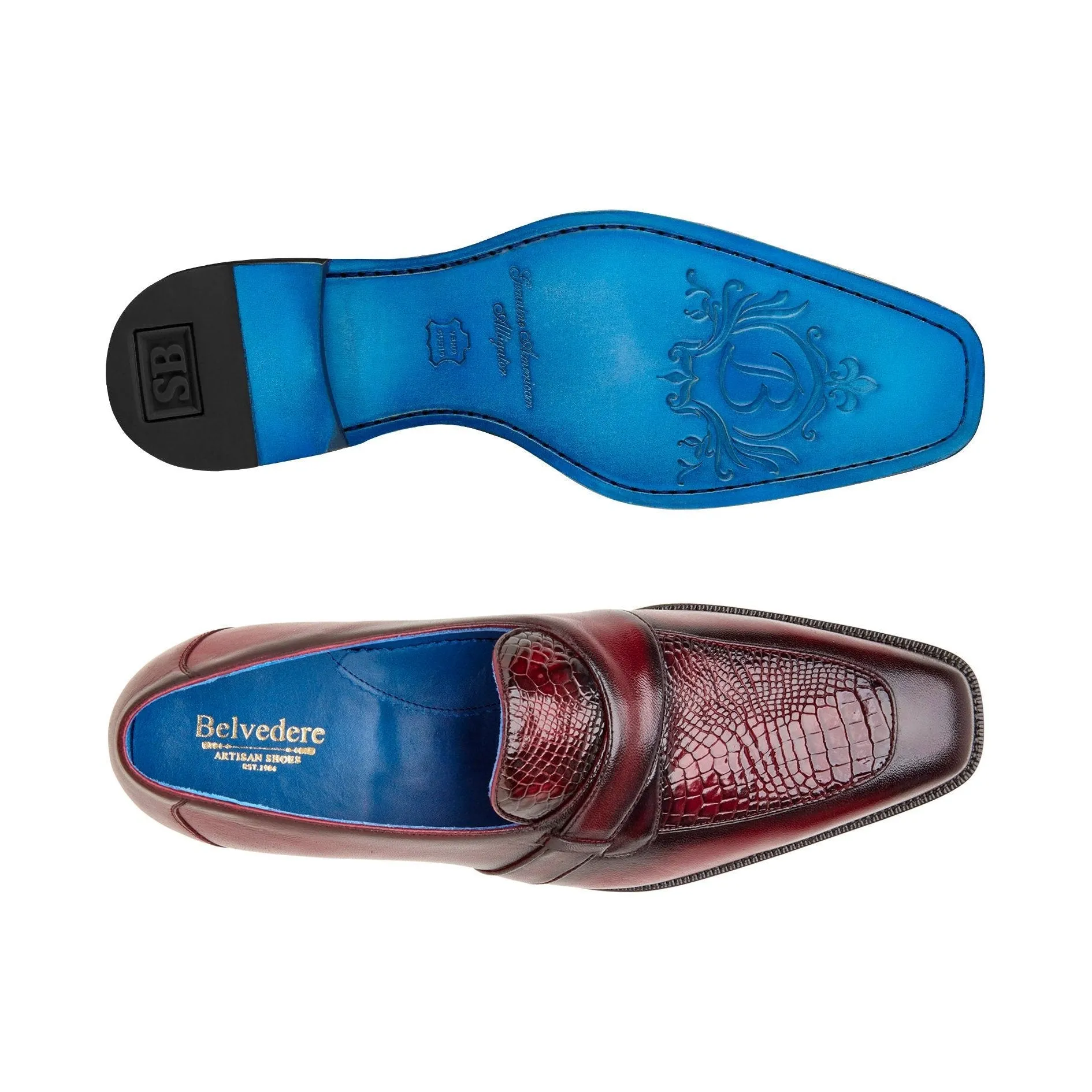 Chaussures Belvedere en peau exotique Belvedere Tornado en alligator américain bordeaux antique et mocassins en cuir de veau italien