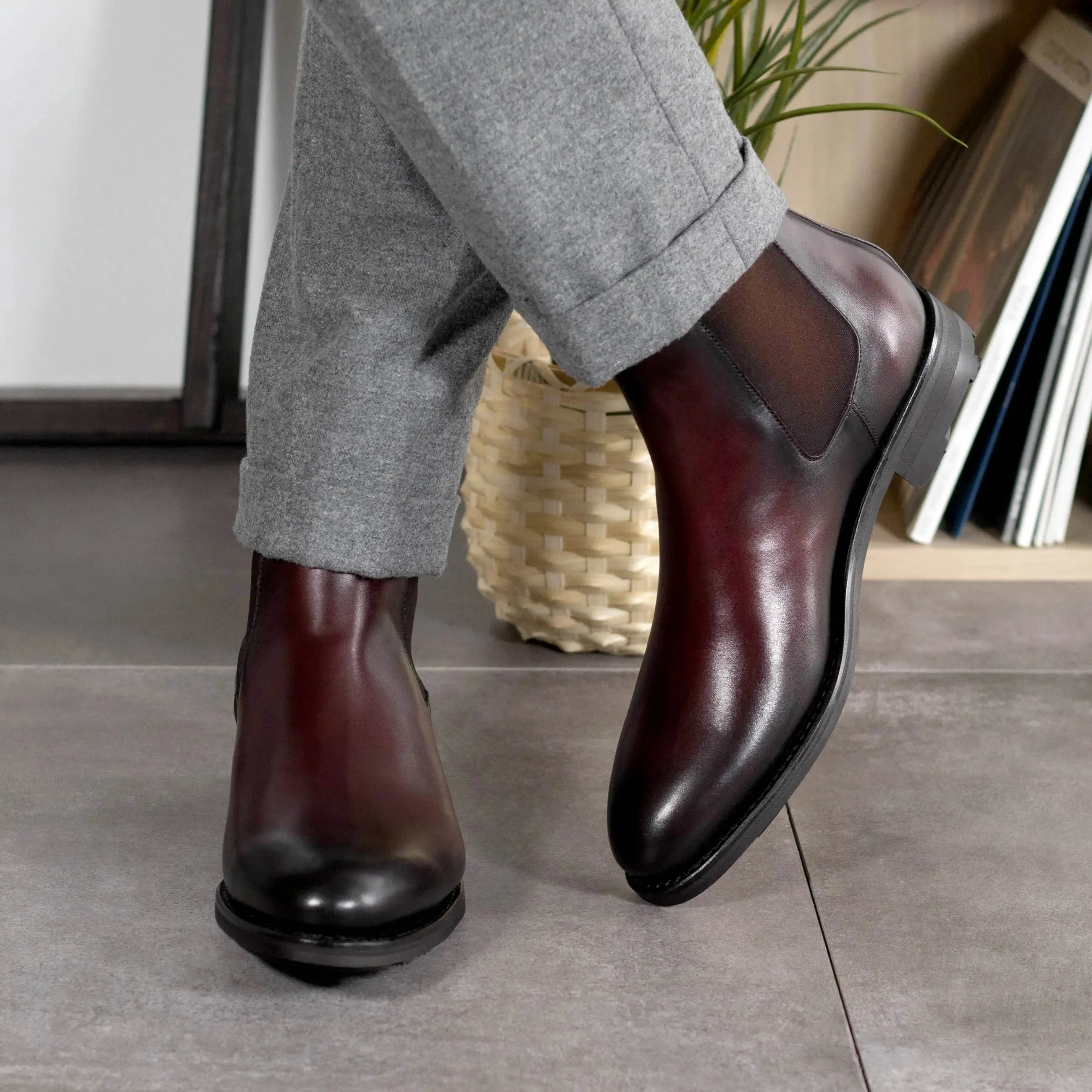 Chaussures Dapperfam DapperFam Monza en cuir italien bordeaux pour hommes, bottes Chelsea