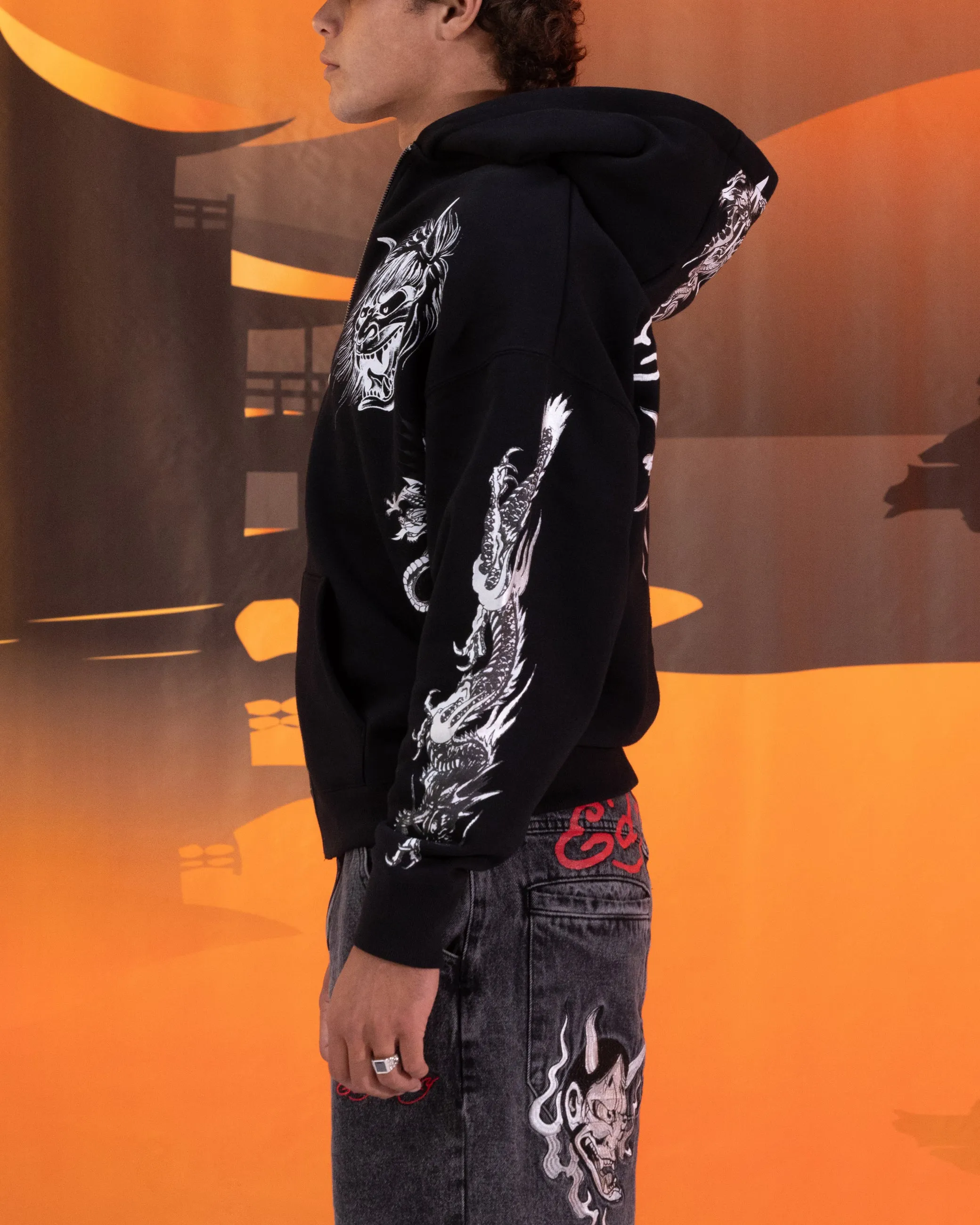 Ed Hardy Sweat à capuche zip florale noir