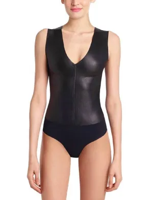 Faux Leather Deep-V Bodysuit In Black