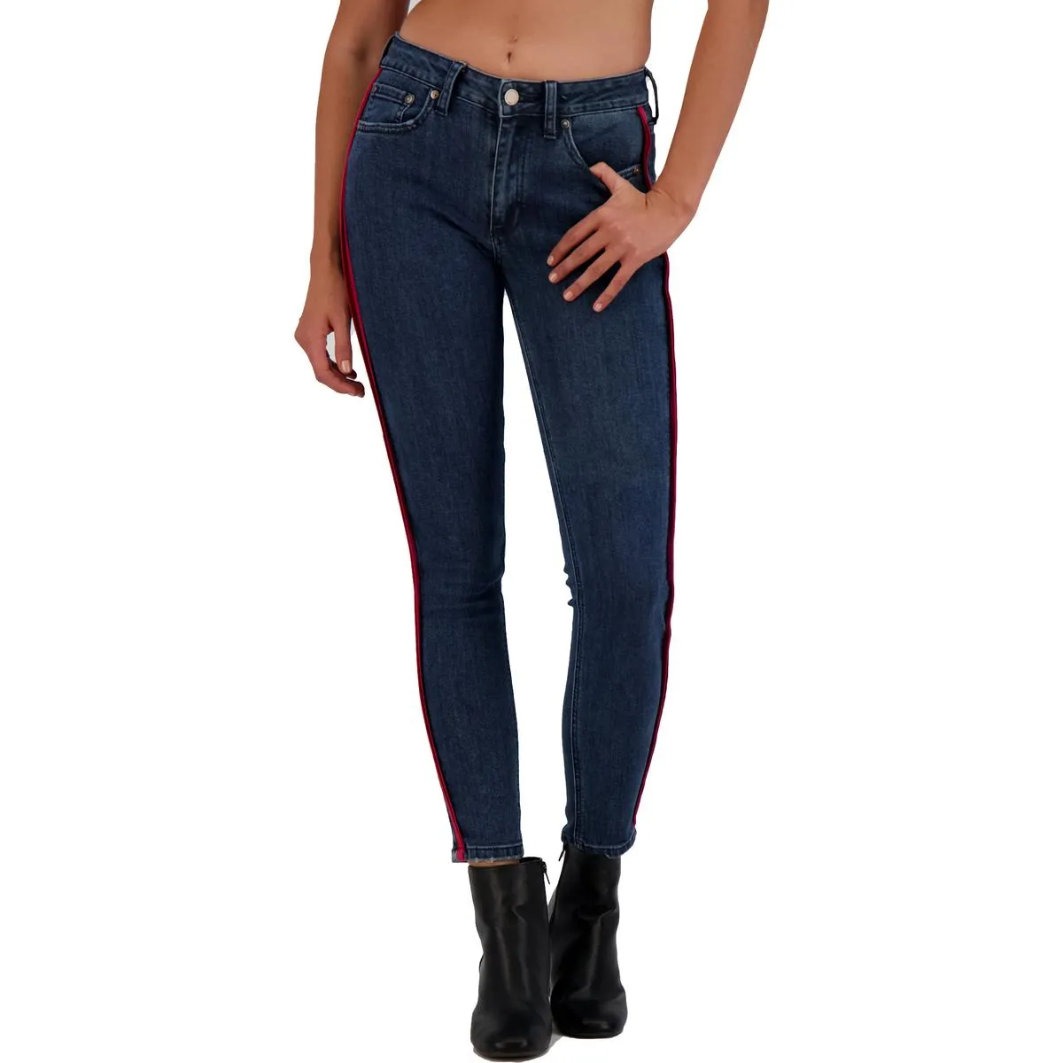 Just Black Women's Jean Skinny à Chevrons Taille Haute Noir Rincé Foncé et Effilé à la Cheville