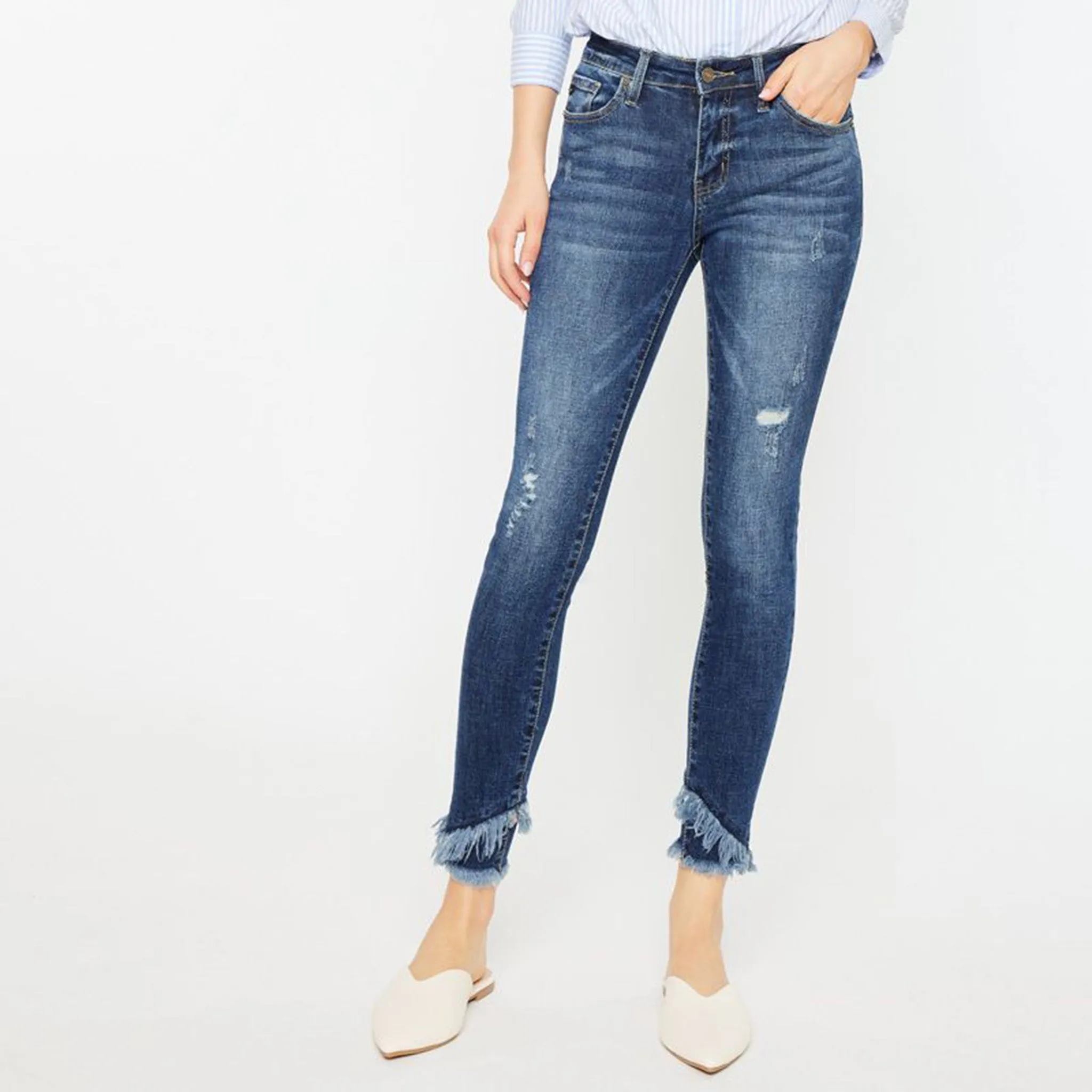 Jeans Skinny Effilochés à la Cheville KanCan pour Femme à Taille Moyenne