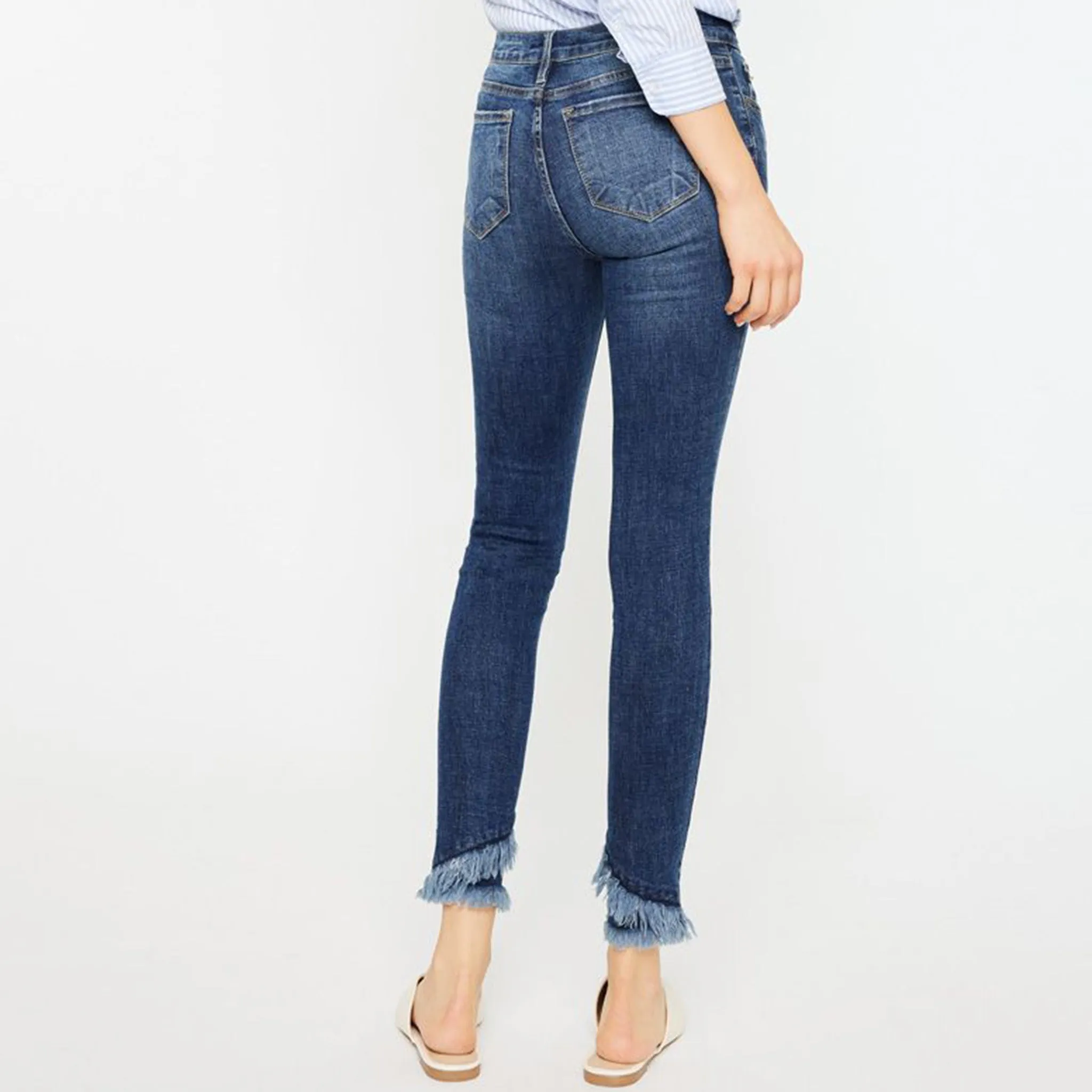 Jeans Skinny Effilochés à la Cheville KanCan pour Femme à Taille Moyenne
