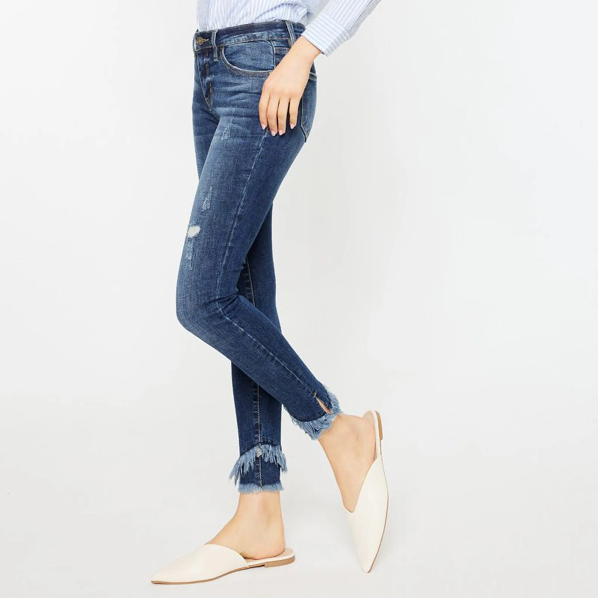 Jeans Skinny Effilochés à la Cheville KanCan pour Femme à Taille Moyenne