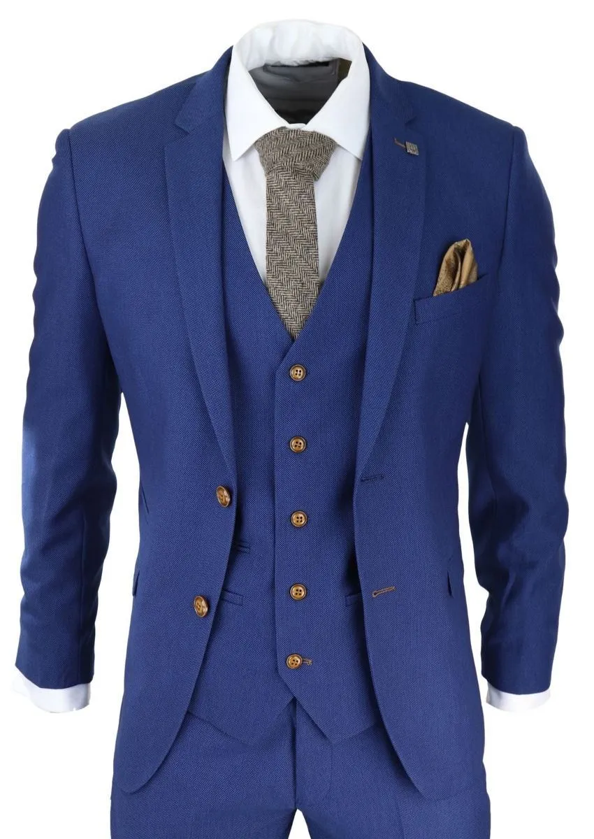 Costume classique 3 pièces bleu royal en tissu birdseye pour homme