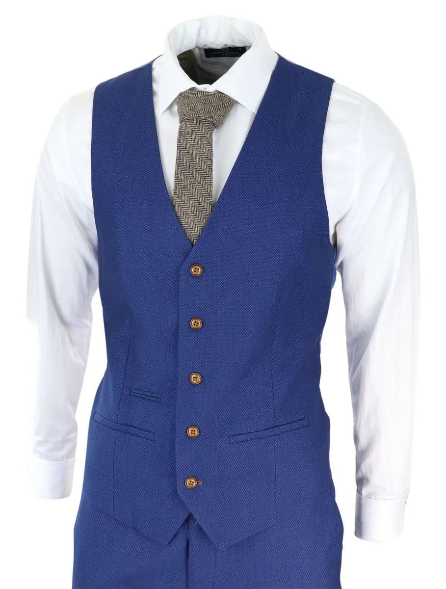 Costume classique 3 pièces bleu royal en tissu birdseye pour homme