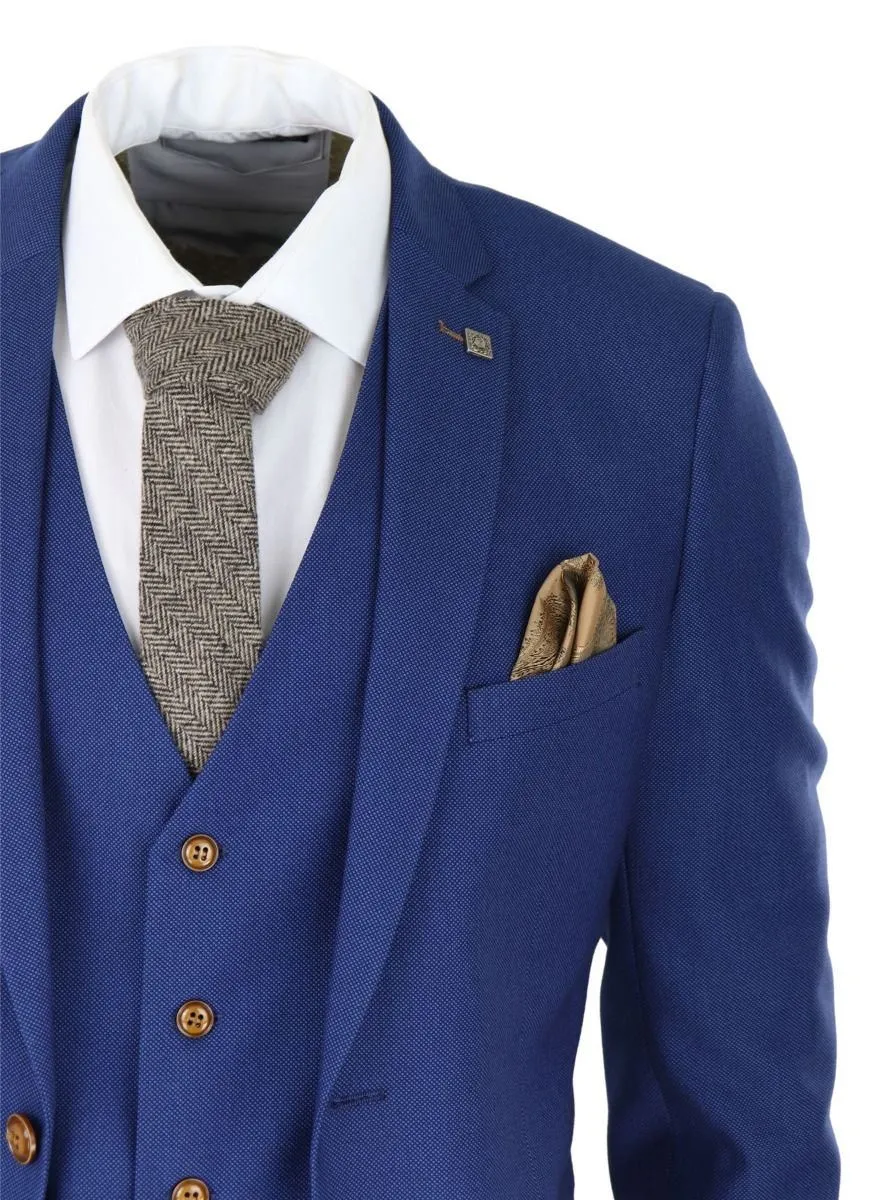 Costume classique 3 pièces bleu royal en tissu birdseye pour homme