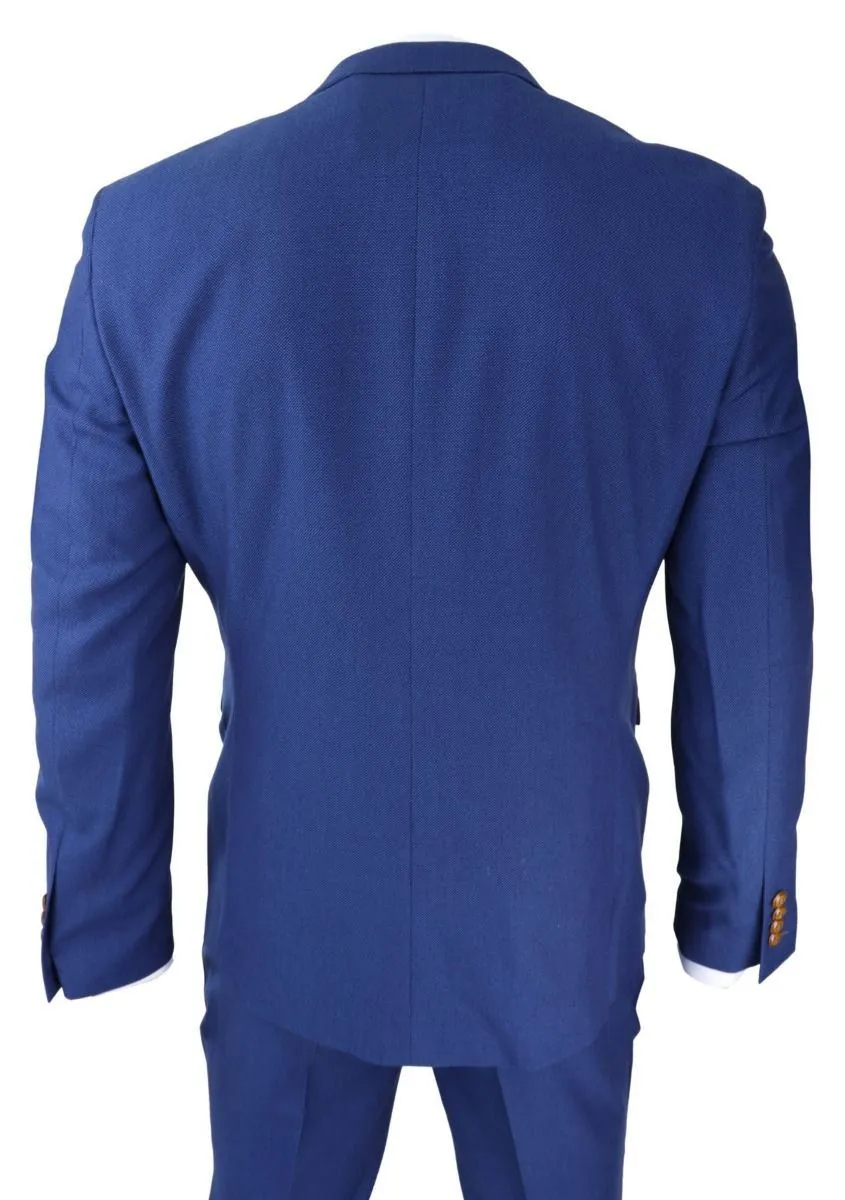 Costume classique 3 pièces bleu royal en tissu birdseye pour homme
