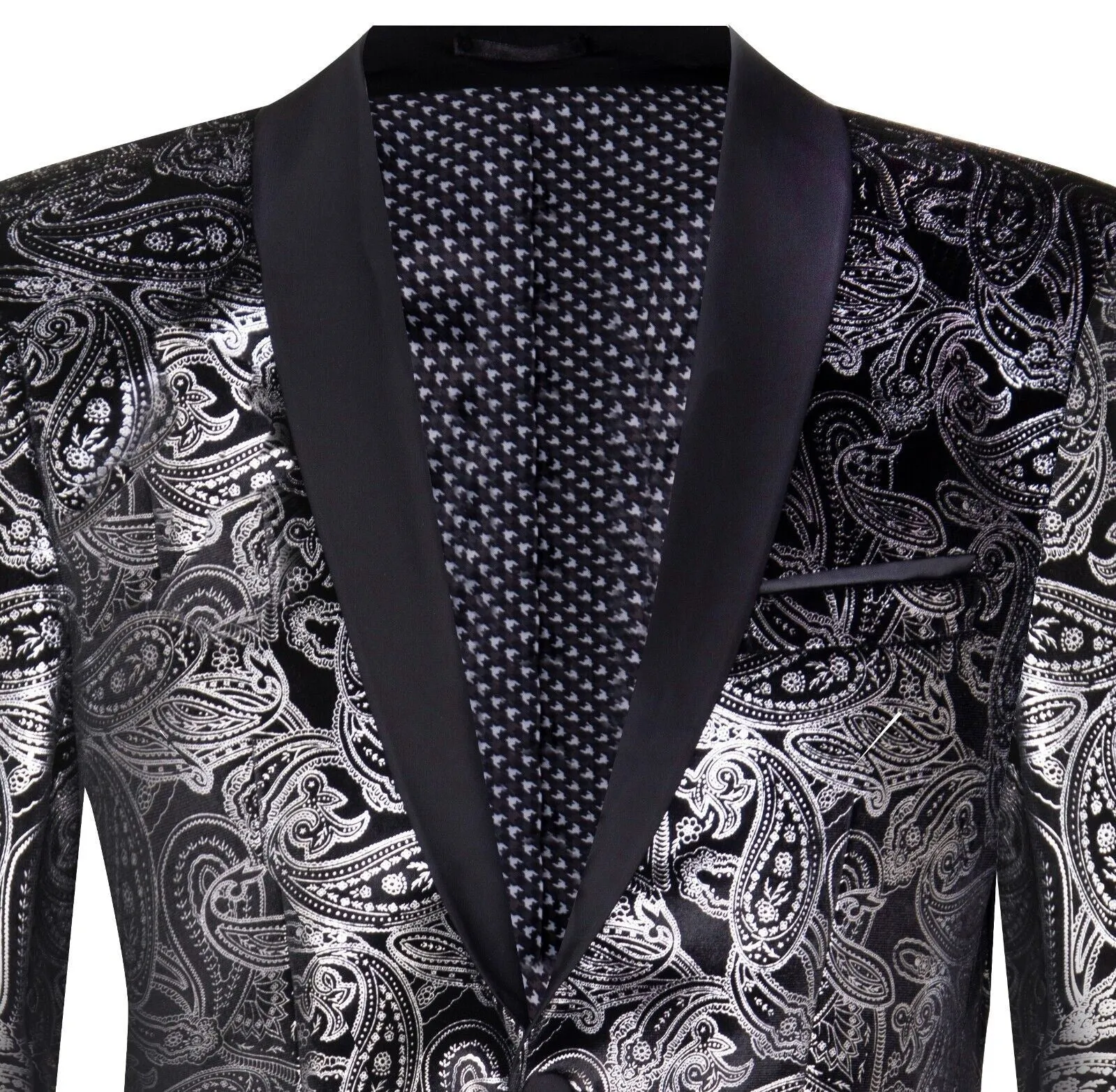 Veste de smoking classique pour hommes en velours noir avec motif Paisley argenté