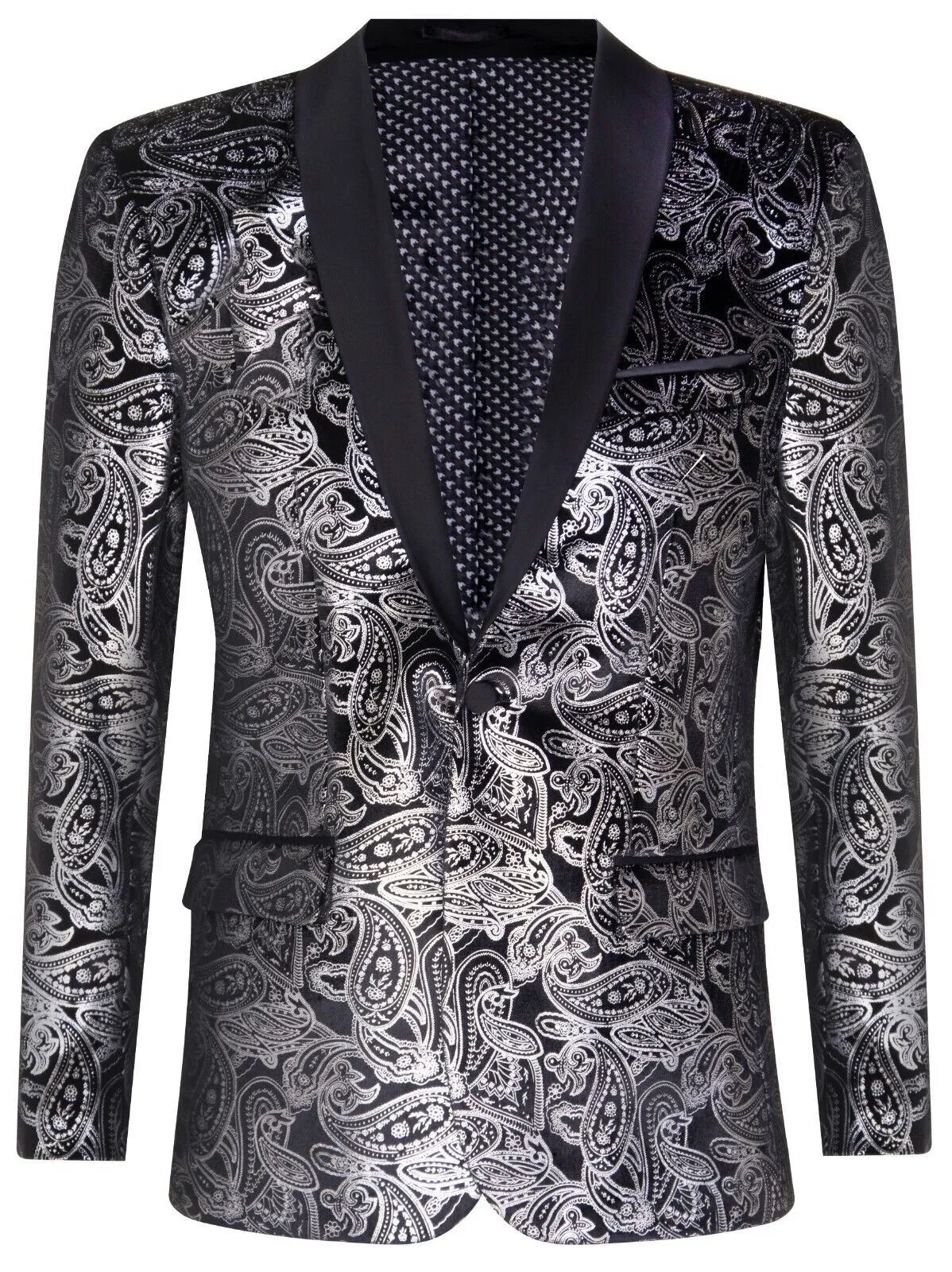 Veste de smoking classique pour hommes en velours noir avec motif Paisley argenté