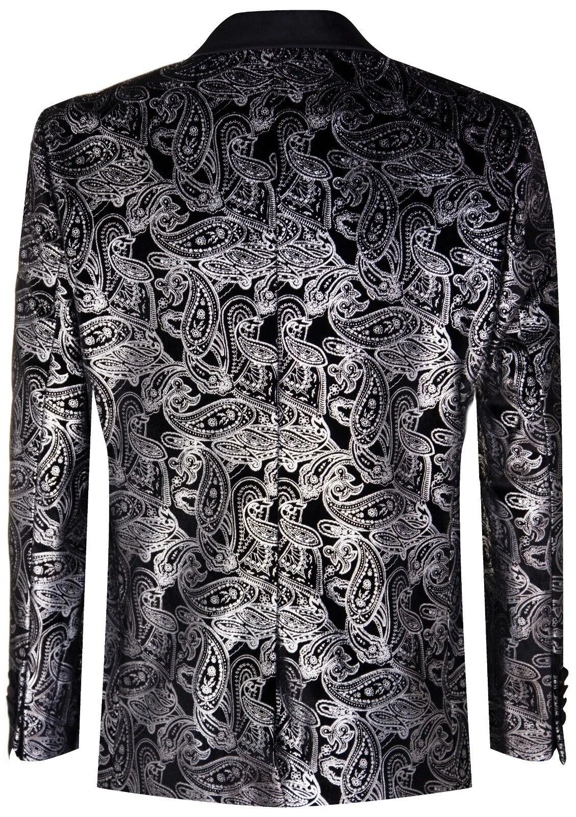 Veste de smoking classique pour hommes en velours noir avec motif Paisley argenté