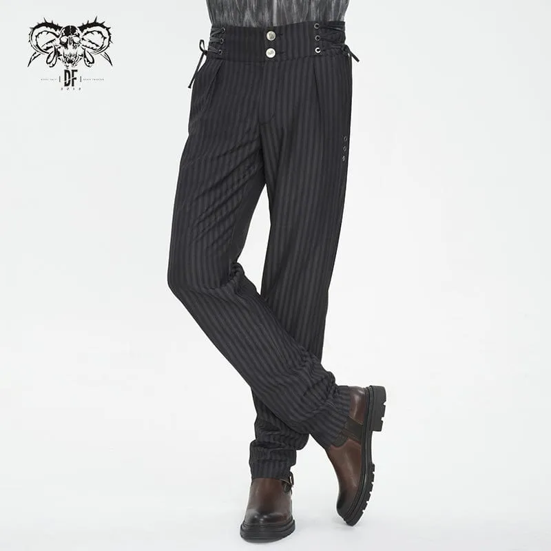 Pantalon Gothique Homme à Haute Taille avec Lacets et Rayures