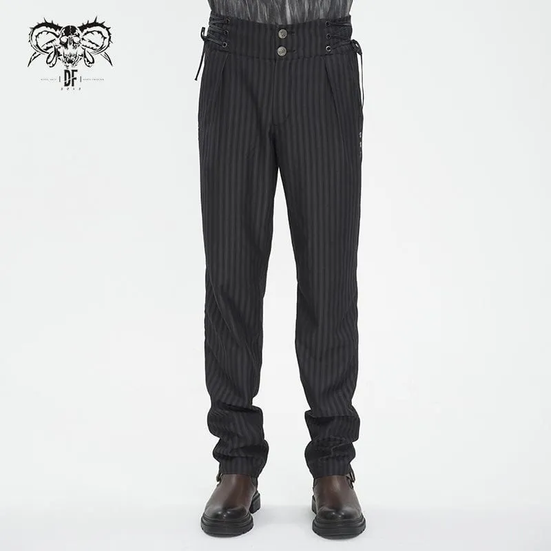 Pantalon Gothique Homme à Haute Taille avec Lacets et Rayures
