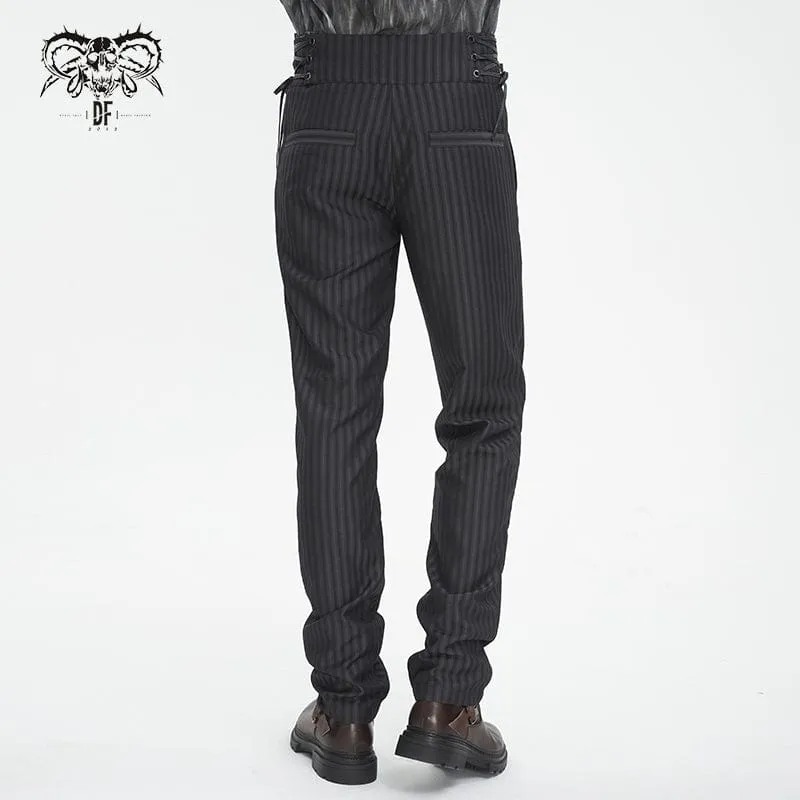 Pantalon Gothique Homme à Haute Taille avec Lacets et Rayures