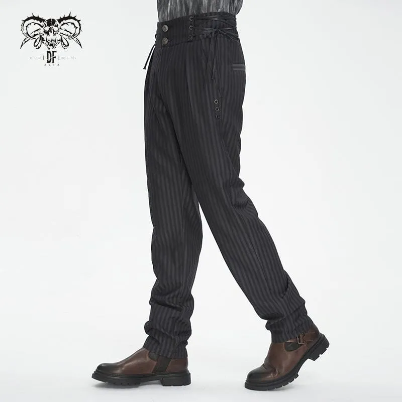 Pantalon Gothique Homme à Haute Taille avec Lacets et Rayures
