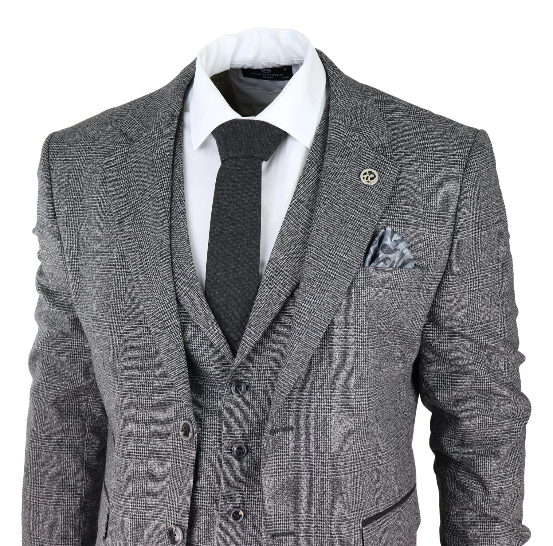 Costume Homme Gris 3 Pièces Prince de Galles à Carreaux Classique Tailleur pour Mariage