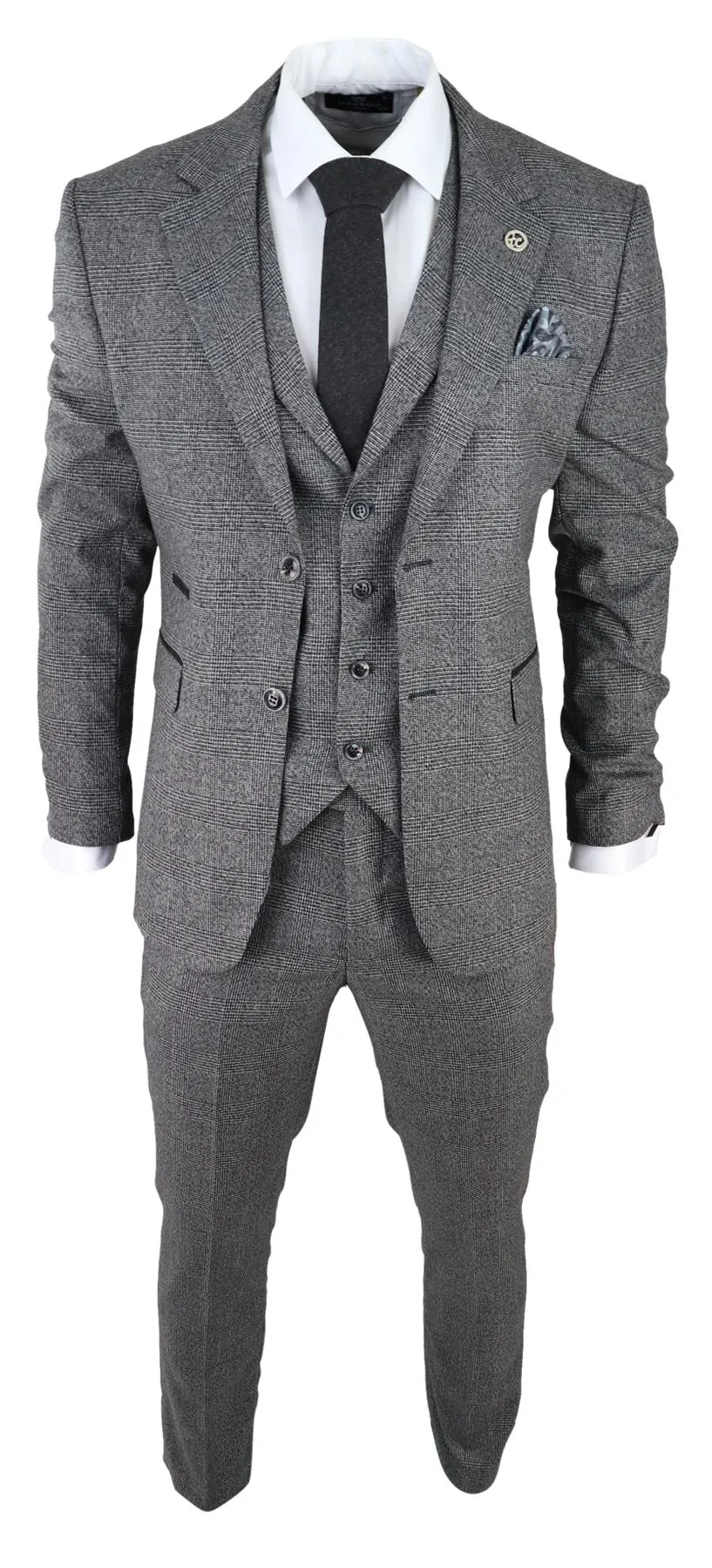 Costume Homme Gris 3 Pièces Prince de Galles à Carreaux Classique Tailleur pour Mariage