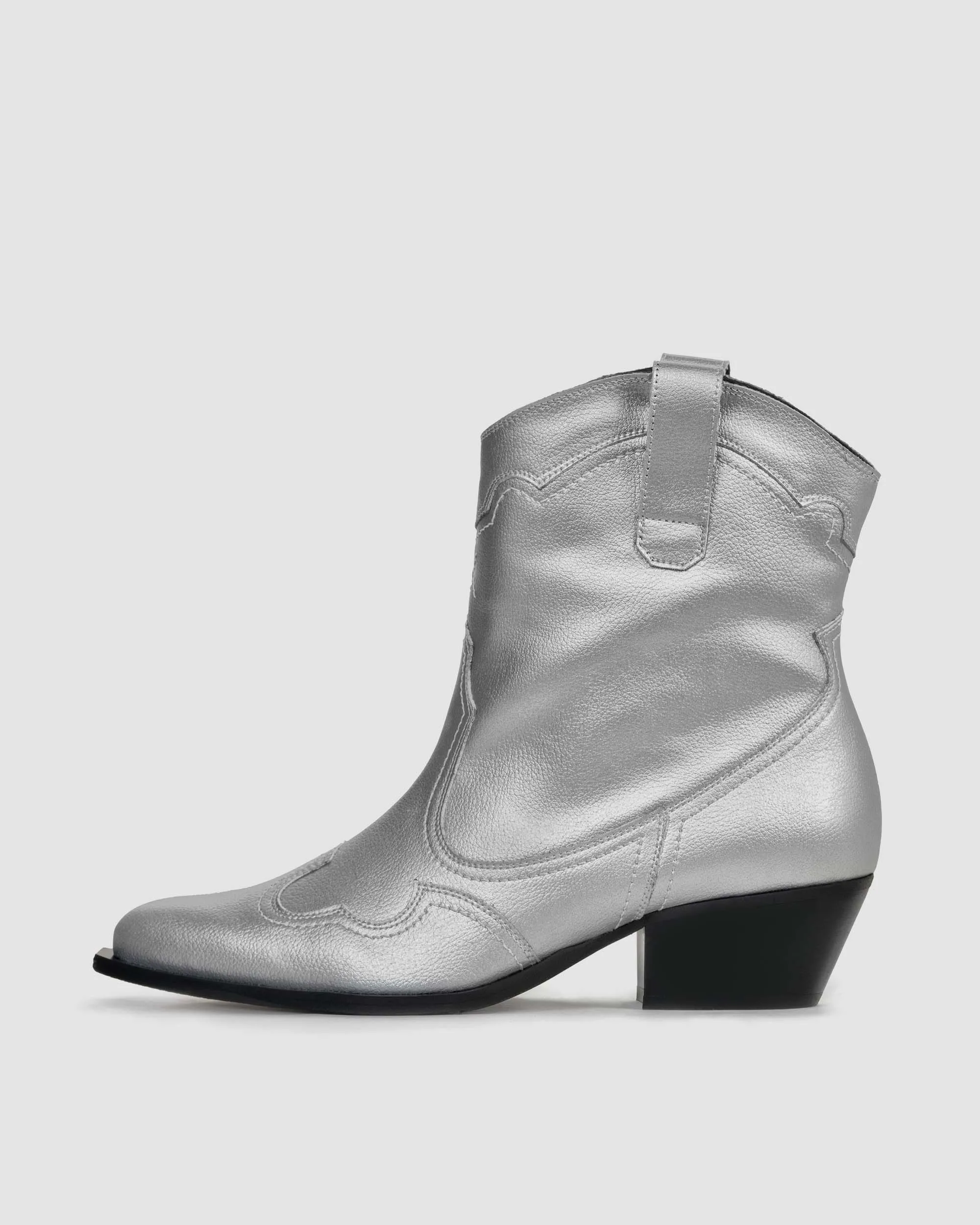 Bottes de cowboy véganes en cuir grape métallique avec surpiqûres | Argenté