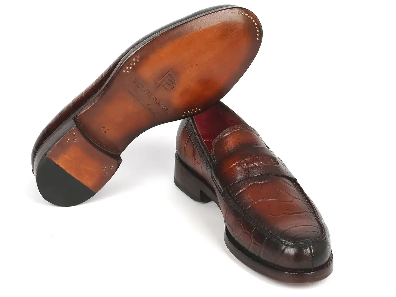 Paul Parkman Chaussures Paul Parkman Penny Loafers en veau gaufré crocodile marron