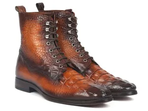 Paul Parkman Shoes Paul Parkman Men's Croco-Embossed Leather Lace-Up Boots in Brown