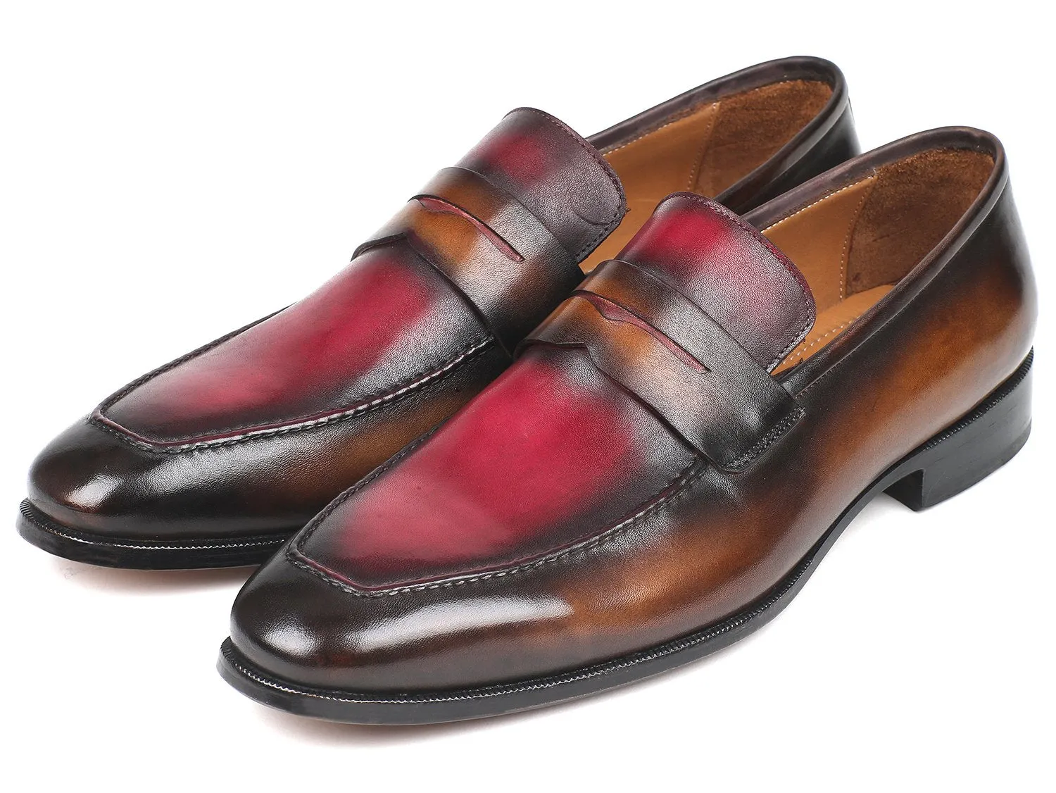 Paul Parkman Chaussures Paul Parkman Mocassins en Cuir Peints à la Main pour Hommes en Marron & Bordeaux